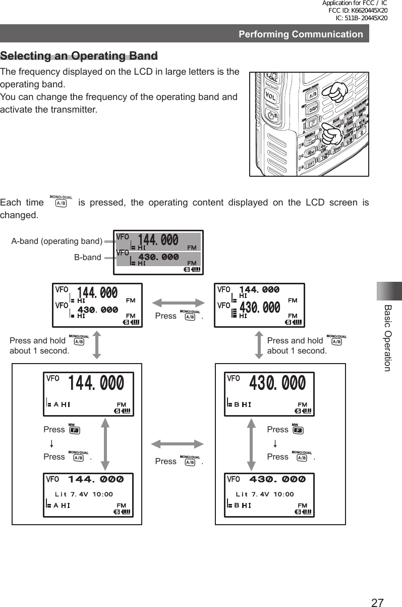 27Basic OperationPerforming CommunicationSelecting an Operating BandThe frequency displayed on the LCD in large letters is the operating band.You can change the frequency of the operating band and activate the transmitter.Each time A is pressed, the operating content displayed on the LCD screen is changed.Press F↓Press A.Press F↓Press A.Press A.Press A.A-band (operating band)B-bandPress and hold A about 1 second.Press and hold A about 1 second.Application for FCC / IC FCC ID: K6620445X20 IC: 511B-20445X20