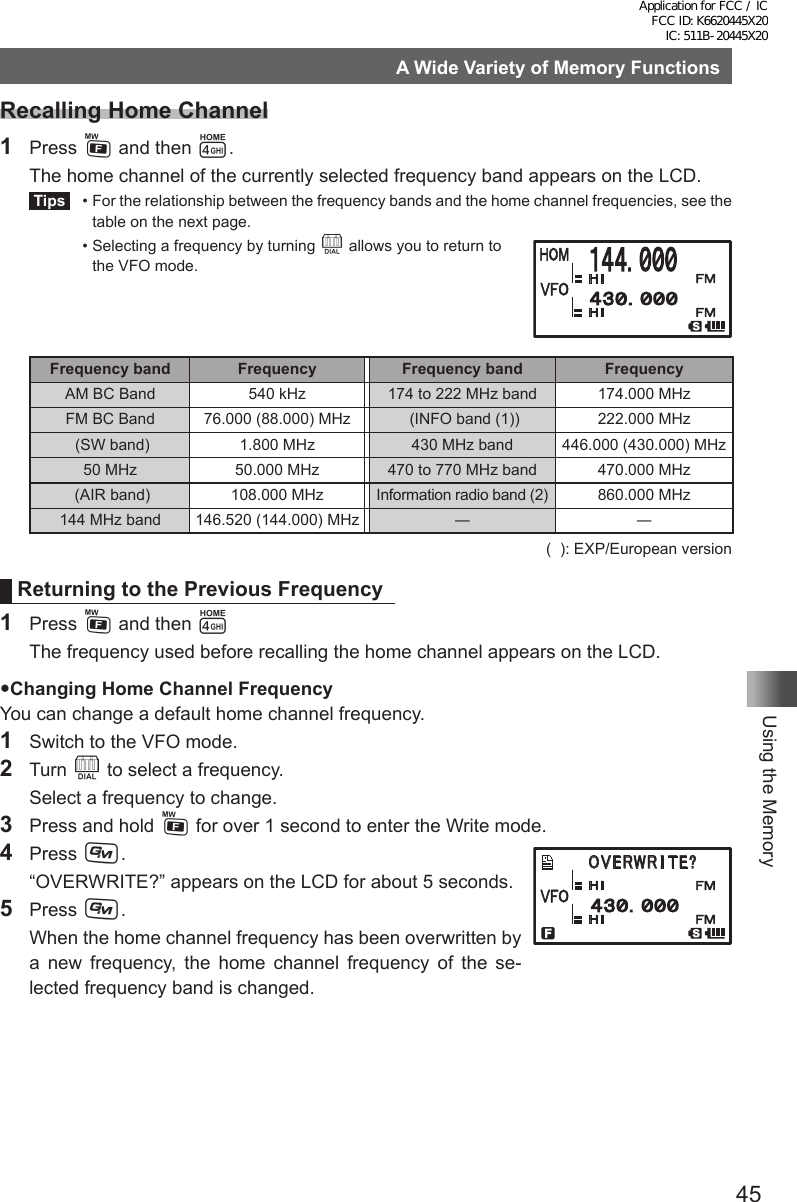 45Using the MemoryA Wide Variety of Memory FunctionsRecalling Home Channel1 Press F and then 4.  The home channel of the currently selected frequency band appears on the LCD. Tips   •  For the relationship between the frequency bands and the home channel frequencies, see the table on the next page.  •  Selecting a frequency by turning O allows you to return to  the VFO mode.Frequency band Frequency Frequency band FrequencyAM BC Band 540 kHz 174 to 222 MHz band 174.000 MHzFM BC Band 76.000 (88.000) MHz  (INFO band (1)) 222.000 MHz (SW band) 1.800 MHz 430 MHz band 446.000 (430.000) MHz50 MHz 50.000 MHz 470 to 770 MHz band 470.000 MHz (AIR band) 108.000 MHz Information radio band (2) 860.000 MHz144 MHz band 146.520 (144.000) MHz ― ―(  ): EXP/European versionReturning to the Previous Frequency1 Press F and then 4  The frequency used before recalling the home channel appears on the LCD.Changing Home Channel FrequencyYou can change a default home channel frequency.1  Switch to the VFO mode.2 Turn O to select a frequency.  Select a frequency to change.3  Press and hold F for over 1 second to enter the Write mode.4 Press D.  “OVERWRITE?” appears on the LCD for about 5 seconds.5 Press D.  When the home channel frequency has been overwritten by a new frequency, the home channel frequency of the se-lected frequency band is changed.䎲䎹䎨䎵䎺䎵 䎬 䎷䎨䎢Application for FCC / IC FCC ID: K6620445X20 IC: 511B-20445X20