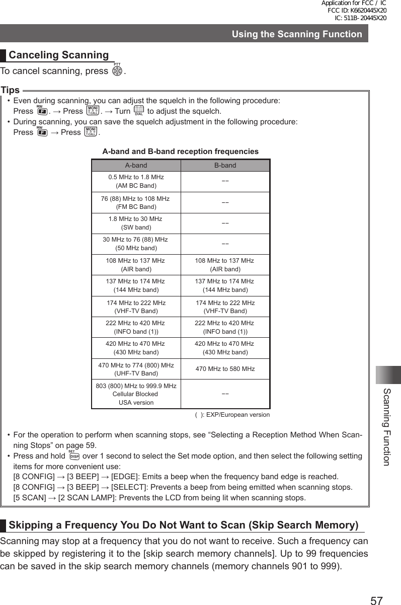 57Scanning FunctionUsing the Scanning FunctionCanceling ScanningTo cancel scanning, press p.Tips•  Even during scanning, you can adjust the squelch in the following procedure:Press F. → Press T. → Turn O to adjust the squelch.•  During scanning, you can save the squelch adjustment in the following procedure:Press F → Press T.A-band and B-band reception frequenciesA-band B-band0.5 MHz to 1.8 MHz(AM BC Band)30 MHz to 76 (88) MHz (50 MHz band)108 MHz to 137 MHz (AIR band)137 MHz to 174 MHz (144 MHz band)174 MHz to 222 MHz(VHF-TV Band)222 MHz to 420 MHz (INFO band (1))420 MHz to 470 MHz (430 MHz band)470 MHz to 774 (800) MHz(UHF-TV Band)803 (800) MHz to 999.9 MHzCellular Blocked USA version108 MHz to 137 MHz (AIR band)137 MHz to 174 MHz (144 MHz band)174 MHz to 222 MHz(VHF-TV Band)222 MHz to 420 MHz (INFO band (1))420 MHz to 470 MHz (430 MHz band)470 MHz to 580 MHz(  ): EXP/European version−−−−−−1.8 MHz to 30 MHz (SW band)−−76 (88) MHz to 108 MHz (FM BC Band)−−•  For the operation to perform when scanning stops, see “Selecting a Reception Method When Scan-ning Stops” on page 59.•  Press and hold M over 1 second to select the Set mode option, and then select the following setting items for more convenient use:[8 CONFIG] → [3 BEEP] → [EDGE]: Emits a beep when the frequency band edge is reached.[8 CONFIG] → [3 BEEP] → [SELECT]: Prevents a beep from being emitted when scanning stops.[5 SCAN] → [2 SCAN LAMP]: Prevents the LCD from being lit when scanning stops.Skipping a Frequency You Do Not Want to Scan (Skip Search Memory)Scanning may stop at a frequency that you do not want to receive. Such a frequency can be skipped by registering it to the [skip search memory channels]. Up to 99 frequencies can be saved in the skip search memory channels (memory channels 901 to 999).Application for FCC / IC FCC ID: K6620445X20 IC: 511B-20445X20