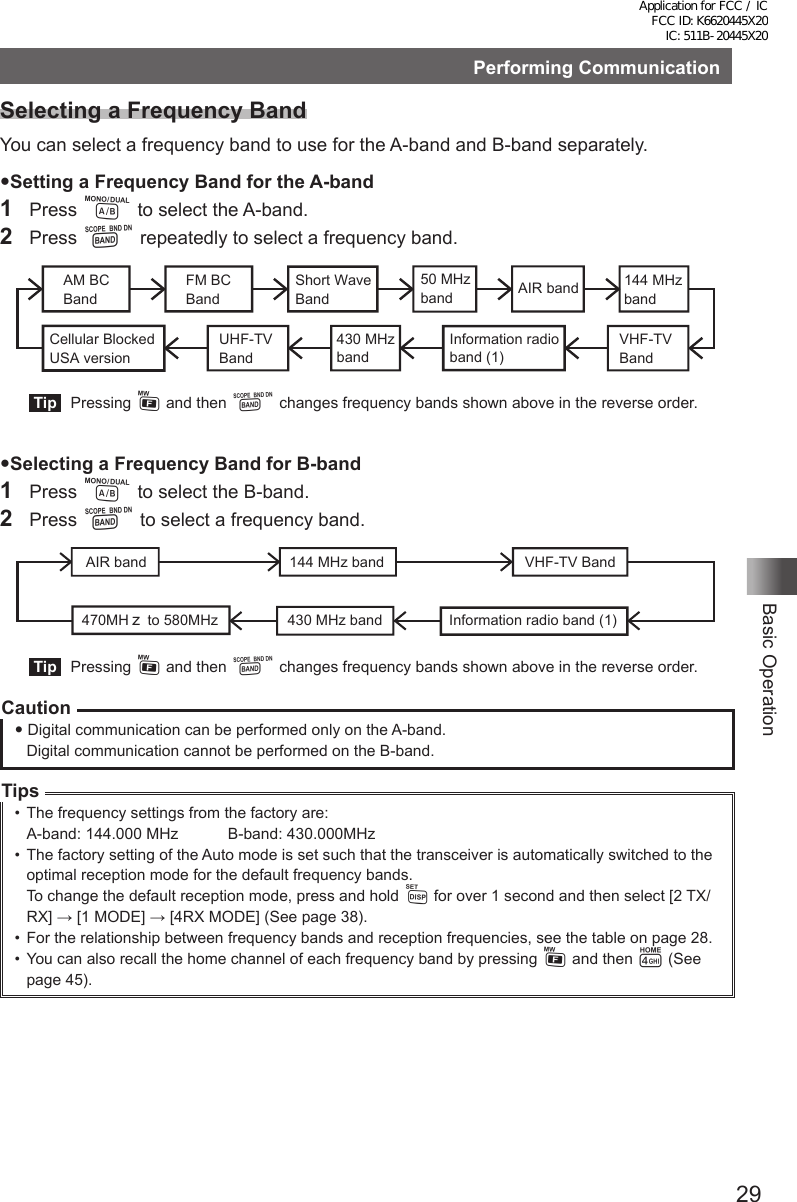 29Basic OperationPerforming CommunicationSelecting a Frequency BandYou can select a frequency band to use for the A-band and B-band separately.Setting a Frequency Band for the A-band1 Press A to select the A-band.2 Press B repeatedly to select a frequency band.Short Wave Band50 MHz bandFM BC Band AIR band 144 MHz bandVHF-TV BandInformation radio band (1)430 MHz bandUHF-TV BandCellular BlockedUSA versionAM BC Band Tip  Pressing F and then B changes frequency bands shown above in the reverse order.Selecting a Frequency Band for B-band1 Press A to select the B-band.2 Press B to select a frequency band.AIR band  144 MHz band VHF-TV BandInformation radio band (1)430 MHz band470MHｚ to 580MHz Tip  Pressing F and then B changes frequency bands shown above in the reverse order.Caution Digital communication can be performed only on the A-band.Digital communication cannot be performed on the B-band.Tips•  The frequency settings from the factory are:A-band: 144.000 MHz  B-band: 430.000MHz•  The factory setting of the Auto mode is set such that the transceiver is automatically switched to the optimal reception mode for the default frequency bands.To change the default reception mode, press and hold M for over 1 second and then select [2 TX/RX] → [1 MODE] → [4RX MODE] (See page 38).•  For the relationship between frequency bands and reception frequencies, see the table on page 28.•  You can also recall the home channel of each frequency band by pressing F and then 4 (See page 45).Application for FCC / IC FCC ID: K6620445X20 IC: 511B-20445X20