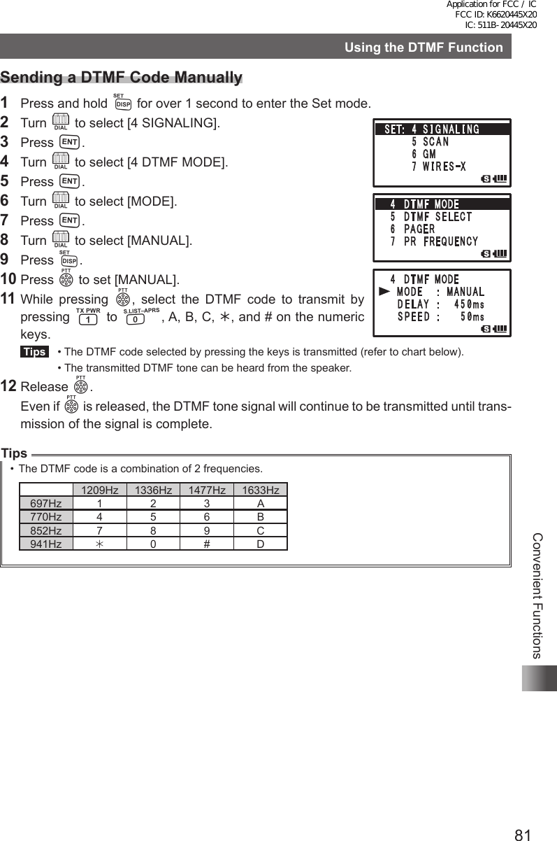 81Convenient FunctionsUsing the DTMF Function Sending a DTMF Code Manually1  Press and hold M for over 1 second to enter the Set mode.2 Turn O to select [4 SIGNALING].3 Press H.4 Turn O to select [4 DTMF MODE].5 Press H.6 Turn O to select [MODE].7 Press H.8 Turn O to select [MANUAL].9 Press M.10 Press p to set [MANUAL].11 While pressing  p, select the DTMF code to transmit by pressing 1 to 0, A, B, C, , and # on the numeric keys. Tips   •  The DTMF code selected by pressing the keys is transmitted (refer to chart below).  •  The transmitted DTMF tone can be heard from the speaker.12 Release p.  Even if p is released, the DTMF tone signal will continue to be transmitted until trans-mission of the signal is complete.Tips•  The DTMF code is a combination of 2 frequencies.1209Hz 1336Hz 1477Hz 1633Hz697Hz 1 2 3 A770Hz 4 5 6 B852Hz 7 8 9 C941Hz 0 # DApplication for FCC / IC FCC ID: K6620445X20 IC: 511B-20445X20