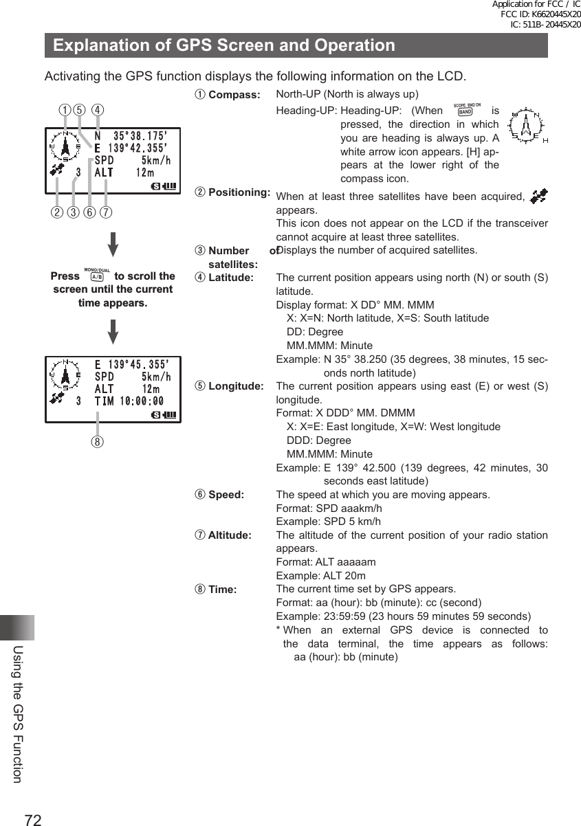 72Using the GPS FunctionExplanation of GPS Screen and OperationActivating the GPS function displays the following information on the LCD.①②⑧③ ⑥ ⑦⑤ ④Press A to scroll the screen until the current time appears.① Compass: North-UP (North is always up)Heading-UP:  Heading-UP: (When B is pressed, the direction in which you are heading is always up. A white arrow icon appears. [H] ap-pears at the lower right of the compass icon.② Positioning: When at least three satellites have been acquired,   appears.This icon does not appear on the LCD if the transceiver cannot acquire at least three satellites.③   Number  of satellites:Displays the number of acquired satellites.④ Latitude: The current position appears using north (N) or south (S) latitude.Display format: X DD° MM. MMM  X: X=N: North latitude, X=S: South latitude  DD: Degree  MM.MMM: MinuteExample:  N 35° 38.250 (35 degrees, 38 minutes, 15 sec-onds north latitude)⑤ Longitude: The current position appears using east (E) or west (S) longitude.Format: X DDD° MM. DMMM  X: X=E: East longitude, X=W: West longitude  DDD: Degree  MM.MMM: MinuteExample:  E 139° 42.500 (139 degrees, 42 minutes, 30 seconds east latitude)⑥ Speed: The speed at which you are moving appears.Format: SPD aaakm/hExample: SPD 5 km/h⑦ Altitude: The altitude of the current position of your radio station appears.Format: ALT aaaaamExample: ALT 20m⑧ Time: The current time set by GPS appears.Format: aa (hour): bb (minute): cc (second)Example: 23:59:59 (23 hours 59 minutes 59 seconds)*  When an external GPS device is connected to the data terminal, the time appears as follows:   aa (hour): bb (minute)Application for FCC / IC FCC ID: K6620445X20 IC: 511B-20445X20