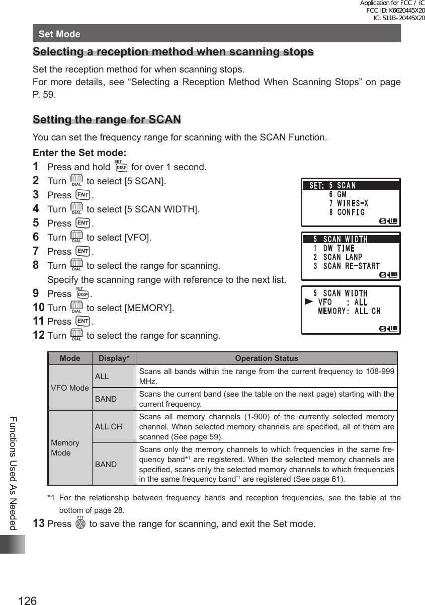 126Functions Used As NeededSet ModeSelecting a reception method when scanning stopsSet the reception method for when scanning stops.For more details, see “Selecting a Reception Method When Scanning Stops” on page  P. 59.Setting the range for SCANYou can set the frequency range for scanning with the SCAN Function.Enter the Set mode:1  Press and hold M for over 1 second. 2 Turn O to select [5 SCAN].3 Press H.4 Turn O to select [5 SCAN WIDTH].5 Press H.6 Turn O to select [VFO].7 Press H.8 Turn O to select the range for scanning.  Specify the scanning range with reference to the next list.9 Press M.10 Turn O to select [MEMORY].11 Press H.12 Turn O to select the range for scanning.Mode Display* Operation StatusVFO ModeALL Scans all bands within the range from the current frequency to 108-999 MHz.BAND Scans the current band (see the table on the next page) starting with the current frequency.Memory ModeALL CHScans all memory channels (1-900) of the currently selected memory channel. When selected memory channels are specified, all of them are scanned (See page 59).BANDScans only the memory channels to which frequencies in the same fre-quency band*1 are registered. When the selected memory channels are specified, scans only the selected memory channels to which frequencies in the same frequency band*1 are registered (See page 61).*1   For the relationship between frequency bands and reception frequencies, see the table at the bottom of page 28.13 Press p to save the range for scanning, and exit the Set mode.Application for FCC / IC FCC ID: K6620445X20 IC: 511B-20445X20