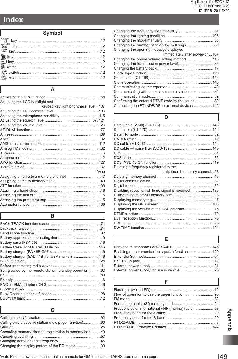 149AppendixIndexSymbolA key ................................................................................12B key ................................................................................12D key ...................................................................................12F key ....................................................................................12H key ...................................................................................12p switch .................................................................................12P switch ..............................................................................12T key ...................................................................................12AActivating the GPS function .....................................................68Adjusting the LCD backlight and                                         keypad key light brightness level ...107Adjusting the LCD contrast level ...........................................106Adjusting the microphone sensitivity .....................................115Adjusting the squelch level ..............................................37, 121Adjusting the volume level .......................................................26AF-DUAL function ....................................................................77All reset....................................................................................39AMS .........................................................................................32AMS transmission mode........................................................112Analog FM mode .....................................................................32Antenna .....................................................................................6Antenna terminal .....................................................................12APO function .........................................................................127APRS function .........................................................................67*webAssigning a name to a memory channel .................................47Assigning name to memory bank ............................................49ATT function ..........................................................................109Attaching a hand strap.............................................................16Attaching the belt clip ..............................................................15Attaching the protective cap ....................................................15Attenuator function ................................................................109BBACK TRACK function screen ................................................74Backtrack function ...................................................................74Band scope function ................................................................82Battery approximate operating time.........................................19Battery case (FBA-39) .............................................................16Battery Case 3x “AA” Cell (FBA-39) ......................................146Battery charger (PA-48B/C/U*) .............................................. 146Battery charger (SAD-11B; for USA market) .........................146BCLO function .......................................................................128Before transmitting radio waves ..............................................11Being called by the remote station (standby operation) ..........93Bell...........................................................................................89Belt clip ......................................................................................6BNC-to-SMA adapter (CN-3) .................................................146Bundled items ............................................................................6Busy Channel Lockout function .............................................128BUSY/TX lamp ........................................................................12CCalling a specific station ..........................................................92Calling only a specific station (new pager function).................90Callsign ....................................................................................25Canceling memory channel registration in memory bank........49Canceling scanning .................................................................57Changing home channel frequency ......................................... 45Changing the display pattern of the PO meter ......................109Changing the frequency step manually ...................................37Changing the lighting condition .............................................105Changing the mode manually .................................................. 38Changing the number of times the bell rings ...........................89Changing the opening message displayed                                                 immediately after power-on ...107Changing the sound volume setting method ......................... 116Changing the transmission power level ................................... 36Charging the battery pack .......................................................17Clock Type function ...............................................................129Clone cable (CT-168) ............................................................146Clone operation .....................................................................143Communicating via the repeater..............................................40Communicating with a apecific remote station ........................84Communication mode..............................................................32Confirming the entered DTMF code by the sound...................80Connecting the FT1XDR/DE to external devices ..................145DData Cable (2.5Φ) (CT-176) ..................................................146Data cable (CT-170) ..............................................................146Data FR mode .........................................................................32DATA terminal ..........................................................................12DC cable (E-DC-6) ................................................................146DC cable w/ noise filter (SDD-13)..........................................146DCS .........................................................................................84DCS code ................................................................................86DCS INVERSION function.....................................................119Deleting a frequency registered to the                                                 skip search memory channel ...58Deleting memory channel ........................................................46Digital communication .............................................................32Digital mode.............................................................................32Disabling reception while no signal is received .....................136Dismounting microSD memory card ........................................ 23Displaying memory tag ............................................................47Displaying the GPS screen....................................................103Displaying the version of the DSP program ...........................115DTMF function .........................................................................79Dual reception function ............................................................75DW ...........................................................................................75DW TIME function .................................................................124EEarpiece microphone (MH-37A4B)........................................146Enabling no-communication squelch function .......................120Enter the Set mode..................................................................94EXT DC IN jack .......................................................................12External power supply .............................................................21External power supply for use in vehicle .................................20FFlashlight (white LED) .............................................................12Flow of operation to use the pager function ............................90FM mode .................................................................................32Formatting a microSD memory card........................................24Frequencies of international VHF (marine) radio.....................53Frequency band for the A-band ............................................... 29Frequency band for the B-band ...............................................29FT1XDR/DE ...............................................................................6FT1XDR/DE Firmware Updates ............................................144*web: Please download the instruction manuals for GM function and APRS from our home page.Application for FCC / IC FCC ID: K6620445X20 IC: 511B-20445X20