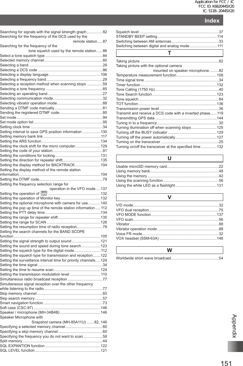 151AppendixIndexSearching for signals with the signal strength graph ...............82Searching for the frequency of the DCS used by the                                                                      remote station .....87Searching for the frequency of the                            tone squelch used by the remote station ...... 86Select a tone squelch type ......................................................84Selected memory channel .......................................................60Selecting a band ......................................................................29Selecting a DCS code .............................................................86Selecting a display language .................................................106Selecting a frequency band .....................................................29Selecting a reception method when scanning stops ...............59Selecting a tone frequency ......................................................85Selecting an operating band ....................................................27Selecting communication mode...............................................32Selecting vibrator operation mode ........................................... 88Sending a DTMF code manually .............................................81Sending the registered DTMF code.........................................80Set mode .................................................................................94Set mode option list .................................................................95Setting clock time ....................................................................34Setting interval to save GPS position information .................130Setting memory bank link ......................................................117Setting the ARS function........................................................134Setting the clock shift for the micro computer........................129Setting the code of your station ...............................................91Setting the conditions for locking ...........................................131Setting the direction for repeater shift....................................135Setting the display method for BACKTRACK ........................104Setting the display method of the remote station  information .............................................................................104Setting the DTMF code............................................................79Setting the frequency selection range for                                                operation in the VFO mode ....137Setting the operation of T .................................................132Setting the operation of Monitor key ......................................132Setting the optional microphone with camera for use............140Setting the pop up time of the remote station information ..... 112Setting the PTT delay time ....................................................134Setting the range for repeater shift ........................................135Setting the range for SCAN ...................................................126Setting the resumption time of radio reception ........................78Setting the search channels for the BAND SCOPE  function ..................................................................................105Setting the signal strength to output sound ...........................121Setting the sound and speed during tone search ..................123Setting the squelch type for the digital mode.........................112Setting the squelch type for transmission and reception .......122Setting the surveillance interval time for priority channels.....124Setting the time signal .............................................................34Setting the time to resume scan ............................................124Setting the transmission modulation level ............................. 110Simultaneous radio broadcast reception .................................77Simultaneous signal reception over the other frequency  while listening to the radio .......................................................77Skip memory channel ..............................................................60Skip search memory ................................................................57Smart navigation function ........................................................73Soft case (CSC-97) ...............................................................146Speaker / microphone (MH-34B4B) ......................................146Speaker Microphone with                               Snapshot camera (MH-85A11U) .......82, 146Specifying a selected memory channel ...................................60Specifying a skip memory channel ..........................................60Specifying the frequency you do not want to scan ..................58Split memory............................................................................44SQL EXPANTION function ....................................................122SQL LEVEL function .............................................................. 121Squelch level ...........................................................................37STANDBY BEEP setting ........................................................ 114Switching between AM antennas.............................................33Switching between digital and analog mode ......................... 111TTaking picture ..........................................................................82Taking picture with the optional camera                                    mounted on speaker microphone .........82Temperature measurement function ...................................... 108Time signal tone ......................................................................34Timer function ........................................................................132Tone Calling (1750 Hz) ............................................................40Tone Search function ............................................................. 123Tone squelch ...........................................................................84TOT function ..........................................................................136Transmission power level ........................................................36Transmit and receive a DCS code with a inverted phase ......119Transmitting GPS data ..........................................................144Tuning in to a frequency ..........................................................30Turning illumination off when scanning stops ........................ 125Turning off the BUSY indicator ..............................................129Turning off the power automatically ....................................... 127Turning on the transceiver .......................................................25Turning on/off the transceiver at the specified time ............... 132UUsable microSD memory card.................................................22Using memory bank.................................................................48Using the memory ...................................................................42Using the scanning function ....................................................56Using the white LED as a flashlight .......................................131VV/D mode.................................................................................32VFO dual reception..................................................................75VFO MODE function ..............................................................137VFO scan.................................................................................56Vibrator ....................................................................................88Vibrator operation mode ..........................................................88Voice FR mode ........................................................................32VOX headset (SSM-63A) ......................................................146WWorldwide short wave broadcast .............................................54Application for FCC / IC FCC ID: K6620445X20 IC: 511B-20445X20