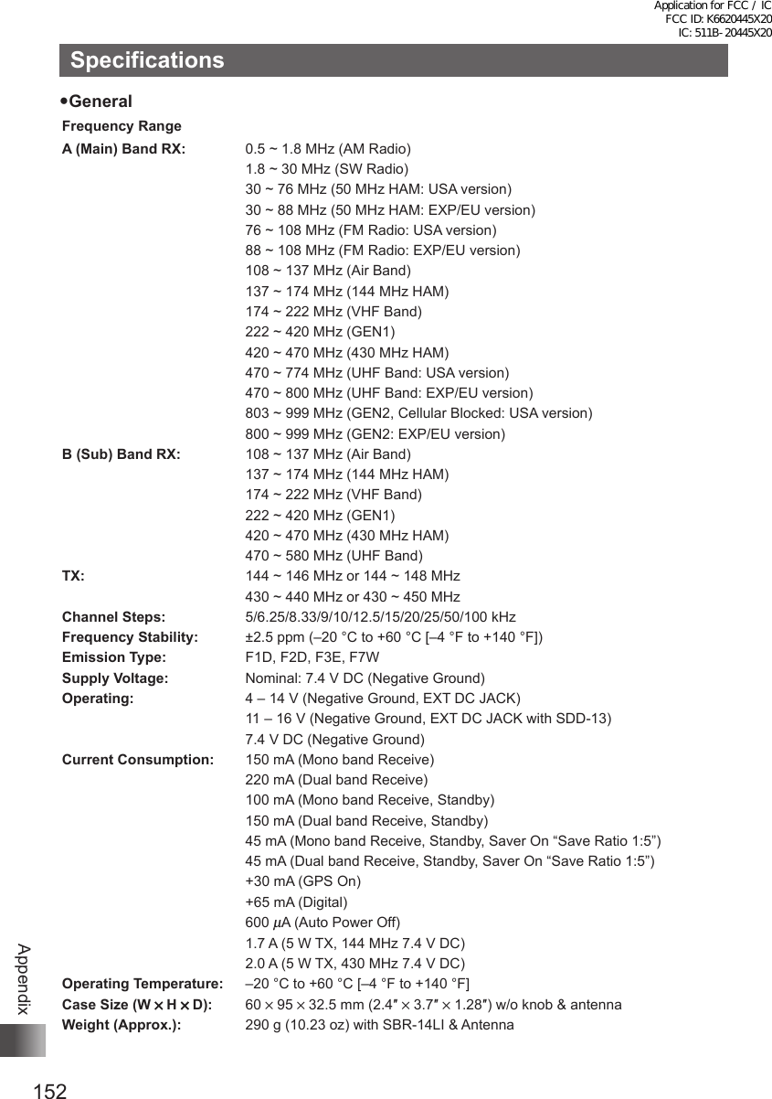 152AppendixSpecificationsGeneralFrequency RangeA (Main) Band RX: 0.5 ~ 1.8 MHz (AM Radio)1.8 ~ 30 MHz (SW Radio)30 ~ 76 MHz (50 MHz HAM: USA version)30 ~ 88 MHz (50 MHz HAM: EXP/EU version)76 ~ 108 MHz (FM Radio: USA version)88 ~ 108 MHz (FM Radio: EXP/EU version)108 ~ 137 MHz (Air Band)137 ~ 174 MHz (144 MHz HAM)174 ~ 222 MHz (VHF Band)222 ~ 420 MHz (GEN1)420 ~ 470 MHz (430 MHz HAM)470 ~ 774 MHz (UHF Band: USA version)470 ~ 800 MHz (UHF Band: EXP/EU version)803 ~ 999 MHz (GEN2, Cellular Blocked: USA version)800 ~ 999 MHz (GEN2: EXP/EU version)B (Sub) Band RX: 108 ~ 137 MHz (Air Band)137 ~ 174 MHz (144 MHz HAM)174 ~ 222 MHz (VHF Band)222 ~ 420 MHz (GEN1)420 ~ 470 MHz (430 MHz HAM)470 ~ 580 MHz (UHF Band)TX: 144 ~ 146 MHz or 144 ~ 148 MHz430 ~ 440 MHz or 430 ~ 450 MHzChannel Steps: 5/6.25/8.33/9/10/12.5/15/20/25/50/100 kHzFrequency Stability: ±2.5 ppm (–20 °C to +60 °C [–4 °F to +140 °F])Emission Type: F1D, F2D, F3E, F7WSupply Voltage: Nominal: 7.4 V DC (Negative Ground)Operating: 4 – 14 V (Negative Ground, EXT DC JACK)11 – 16 V (Negative Ground, EXT DC JACK with SDD-13)7.4 V DC (Negative Ground)Current Consumption: 150 mA (Mono band Receive)220 mA (Dual band Receive)100 mA (Mono band Receive, Standby)150 mA (Dual band Receive, Standby)45 mA (Mono band Receive, Standby, Saver On “Save Ratio 1:5”)45 mA (Dual band Receive, Standby, Saver On “Save Ratio 1:5”)+30 mA (GPS On)+65 mA (Digital)600 μA (Auto Power Off)1.7 A (5 W TX, 144 MHz 7.4 V DC)2.0 A (5 W TX, 430 MHz 7.4 V DC)Operating Temperature: –20 °C to +60 °C [–4 °F to +140 °F]Case Size (W × H × D): 60 × 95 × 32.5 mm (2.4″ × 3.7″ × 1.28″) w/o knob &amp; antennaWeight (Approx.): 290 g (10.23 oz) with SBR-14LI &amp; AntennaApplication for FCC / IC FCC ID: K6620445X20 IC: 511B-20445X20