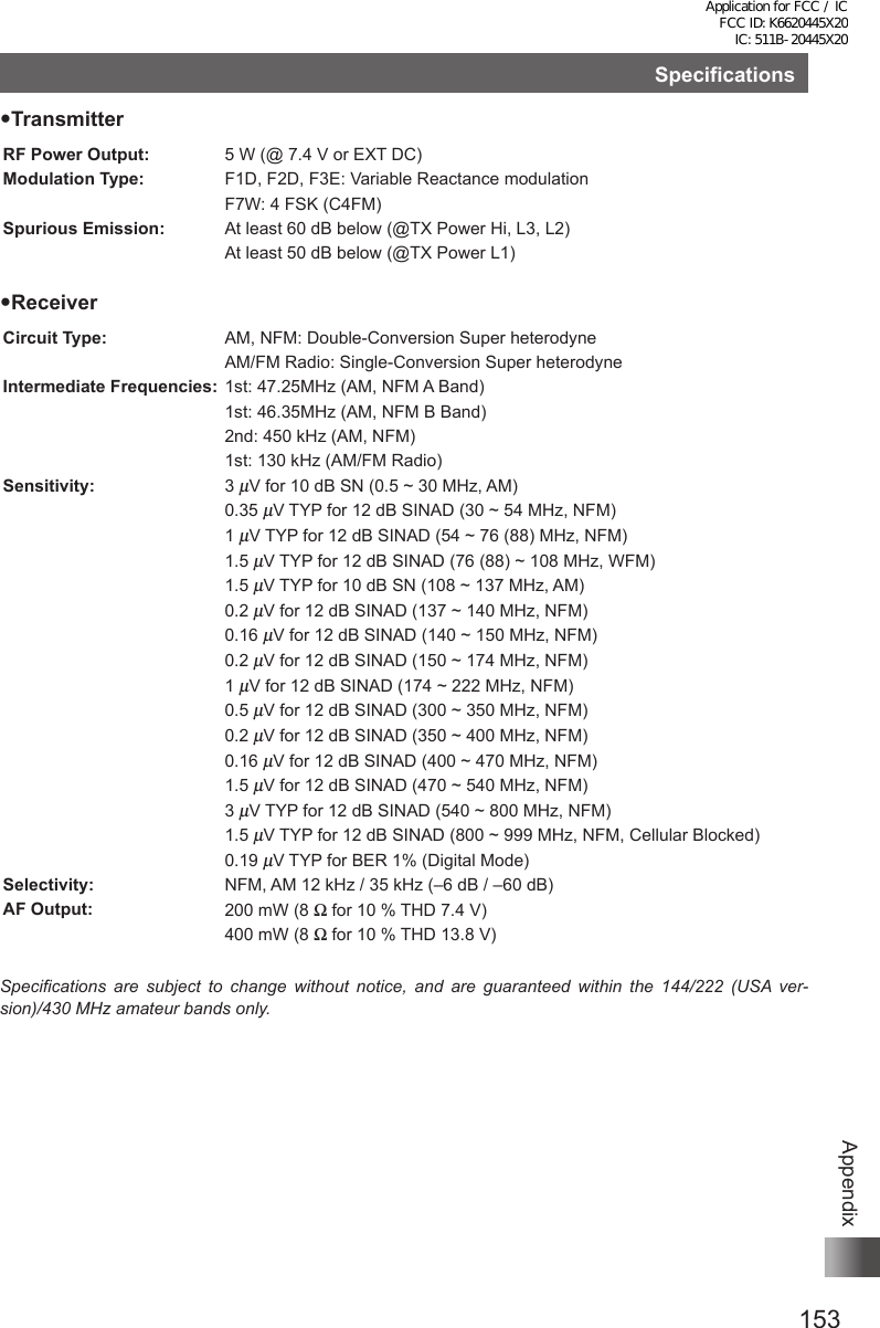 153AppendixSpecificationsTransmitterRF Power Output: 5 W (@ 7.4 V or EXT DC)Modulation Type: F1D, F2D, F3E: Variable Reactance modulationF7W: 4 FSK (C4FM)Spurious Emission: At least 60 dB below (@TX Power Hi, L3, L2)At least 50 dB below (@TX Power L1)ReceiverCircuit Type: AM, NFM: Double-Conversion Super heterodyneAM/FM Radio: Single-Conversion Super heterodyneIntermediate Frequencies: 1st: 47.25MHz (AM, NFM A Band)  1st: 46.35MHz (AM, NFM B Band)2nd: 450 kHz (AM, NFM)1st: 130 kHz (AM/FM Radio)Sensitivity: 3 μV for 10 dB SN (0.5 ~ 30 MHz, AM)0.35 μV TYP for 12 dB SINAD (30 ~ 54 MHz, NFM)1 μV TYP for 12 dB SINAD (54 ~ 76 (88) MHz, NFM)1.5 μV TYP for 12 dB SINAD (76 (88) ~ 108 MHz, WFM)1.5 μV TYP for 10 dB SN (108 ~ 137 MHz, AM)0.2 μV for 12 dB SINAD (137 ~ 140 MHz, NFM)0.16 μV for 12 dB SINAD (140 ~ 150 MHz, NFM)0.2 μV for 12 dB SINAD (150 ~ 174 MHz, NFM)1 μV for 12 dB SINAD (174 ~ 222 MHz, NFM)0.5 μV for 12 dB SINAD (300 ~ 350 MHz, NFM)0.2 μV for 12 dB SINAD (350 ~ 400 MHz, NFM)0.16 μV for 12 dB SINAD (400 ~ 470 MHz, NFM)1.5 μV for 12 dB SINAD (470 ~ 540 MHz, NFM)3 μV TYP for 12 dB SINAD (540 ~ 800 MHz, NFM)1.5 μV TYP for 12 dB SINAD (800 ~ 999 MHz, NFM, Cellular Blocked)0.19 μV TYP for BER 1% (Digital Mode)Selectivity: NFM, AM 12 kHz / 35 kHz (–6 dB / –60 dB)AF Output: 200 mW (8 Ω for 10 % THD 7.4 V)400 mW (8 Ω for 10 % THD 13.8 V)Specifications are subject to change without notice, and are guaranteed within the 144/222 (USA ver-sion)/430 MHz amateur bands only.Application for FCC / IC FCC ID: K6620445X20 IC: 511B-20445X20