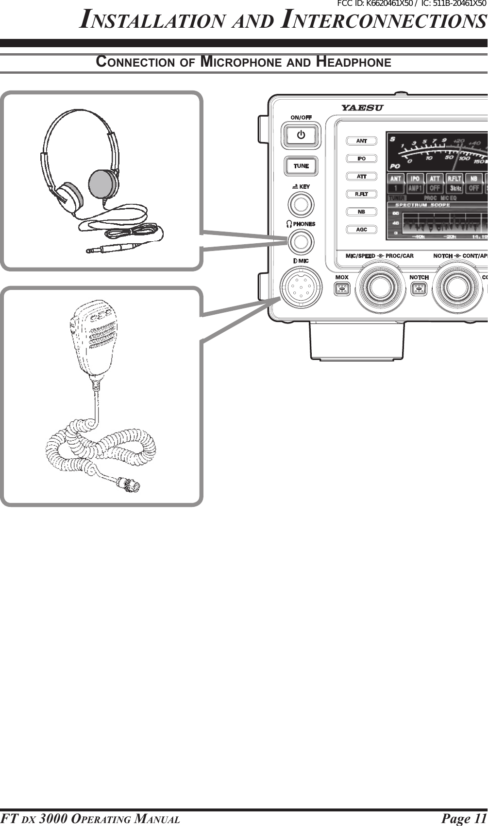 Page 11FT DX 3000 OperaTing ManualinsTallaTiOn anD inTercOnnecTiOnsconnection oF Microphone And heAdphoneFCC ID: K6620461X50 / IC: 511B-20461X50