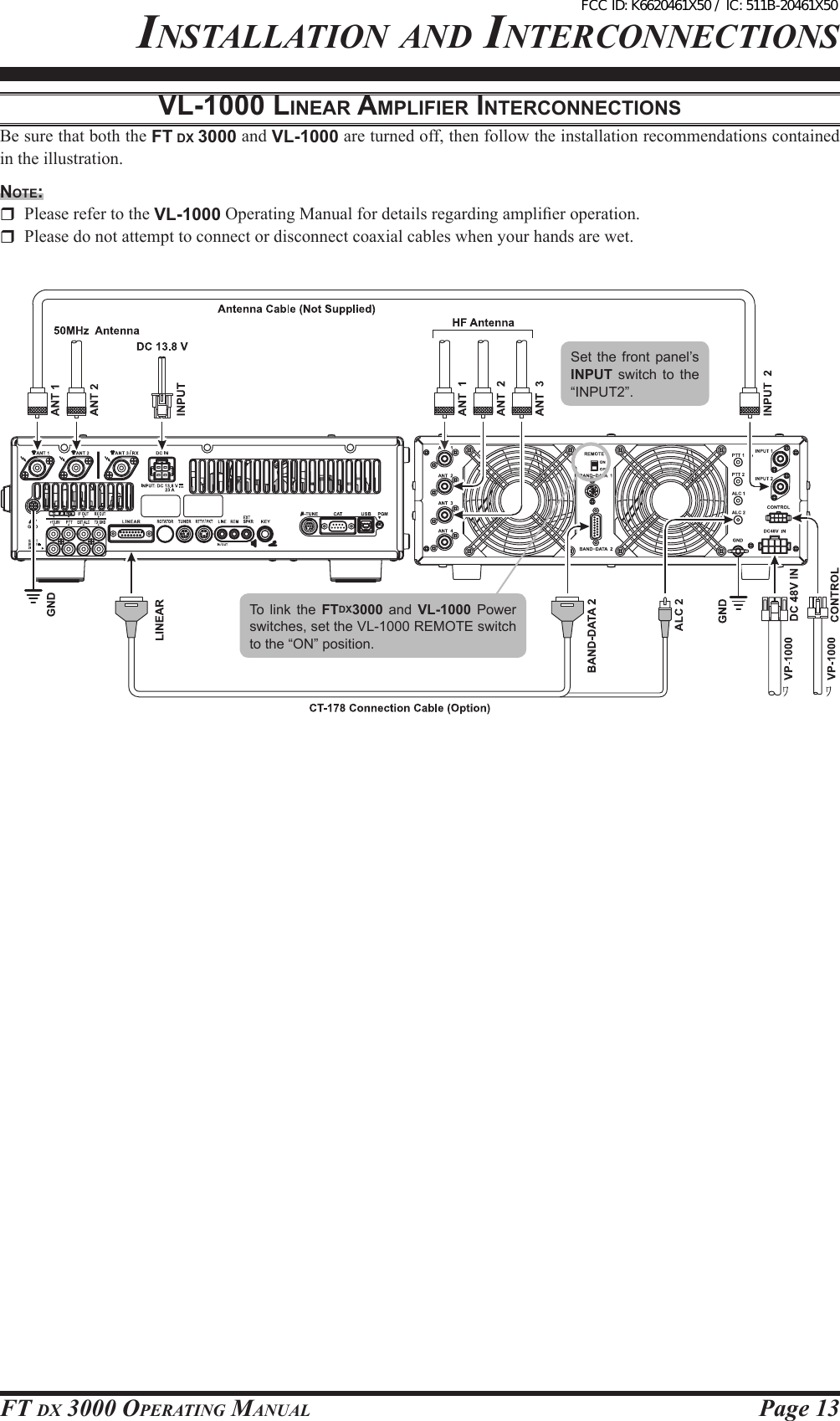 Page 13FT DX 3000 OperaTing ManualinsTallaTiOn anD inTercOnnecTiOnsvl-1000 lineAr AMpliFier interconnectionSBe sure that both the FT DX 3000 and VL-1000 are turned off, then follow the installation recommendations contained in the illustration.note:  Please refer to the VL-1000 Operating Manual for details regarding amplier operation.  Please do not attempt to connect or disconnect coaxial cables when your hands are wet.To  link  the  FTDX3000  and  VL-1000  Power switches, set the VL-1000 REMOTE switch to the “ON” position.Set the  front panel’s INPUT  switch  to  the “INPUT2”.FCC ID: K6620461X50 / IC: 511B-20461X50