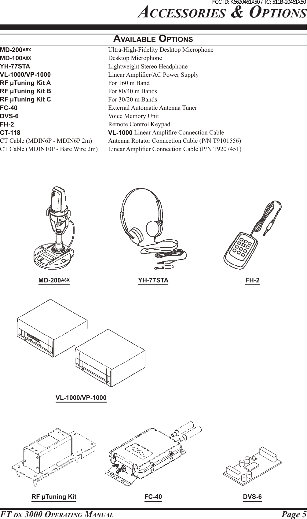 Page 5FT DX 3000 OperaTing ManualaccessOries &amp; OpTiOnsAvAilAble optionSMD-200A8X  Ultra-High-Fidelity Desktop MicrophoneMD-100A8X  Desktop MicrophoneYH-77STA  Lightweight Stereo HeadphoneVL-1000/VP-1000  Linear Amplier/AC Power SupplyRF µTuning Kit A  For 160 m BandRF µTuning Kit B  For 80/40 m BandsRF µTuning Kit C  For 30/20 m BandsFC-40  External Automatic Antenna TunerDVS-6  Voice Memory UnitFH-2  Remote Control KeypadCT-118 VL-1000 Linear Amplire Connection CableCT Cable (MDIN6P - MDIN6P 2m)  Antenna Rotator Connection Cable (P/N T9101556)CT Cable (MDIN10P - Bare Wire 2m)  Linear Amplier Connection Cable (P/N T9207451)MD-200A8X YH-77STA FH-2VL-1000/VP-1000RF µTuning Kit DVS-6FC-40FCC ID: K6620461X50 / IC: 511B-20461X50