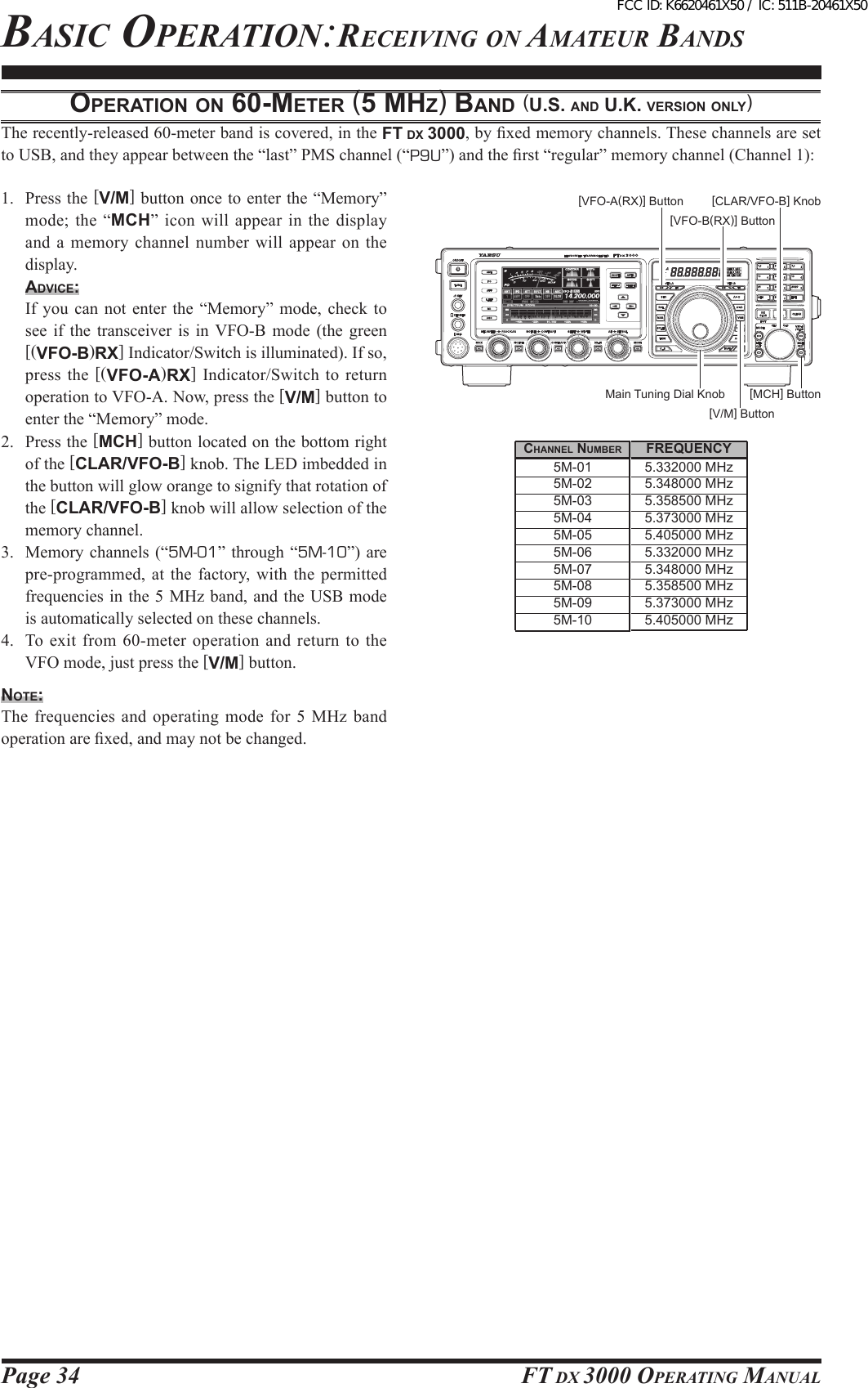 Page 34 FT DX 3000 OperaTing ManualopeRAtioN oN 60-MeteR (5 MHz) bANd (u.s. ANd u.K. veRsioN oNly)The recently-released 60-meter band is covered, in the FT DX 3000, by xed memory channels. These channels are set to USB, and they appear between the “last” PMS channel (“P9U”) and the rst “regular” memory channel (Channel 1):1.  Press the [V/M] button once to enter the “Memory” mode; the “MCH” icon will appear in the display and a memory channel number  will appear on the display.Advice:  If  you  can not  enter  the  “Memory”  mode,  check  to see  if  the  transceiver  is  in  VFO-B  mode  (the  green [(VFO-B)RX] Indicator/Switch is illuminated). If so, press the [(VFO-A)RX]  Indicator/Switch to return operation to VFO-A. Now, press the [V/M] button to enter the “Memory” mode.2.  Press the [MCH] button located on the bottom right of the [CLAR/VFO-B] knob. The LED imbedded in the button will glow orange to signify that rotation of the [CLAR/VFO-B] knob will allow selection of the memory channel.3.  Memory channels (“5M-01”  through “5M-10”) are pre-programmed, at  the  factory,  with  the  permitted frequencies in the 5 MHz band, and the USB  mode is automatically selected on these channels.4.  To  exit  from 60-meter  operation  and  return  to the VFO mode, just press the [V/M] button.Note:The frequencies and  operating mode for  5 MHz band operation are xed, and may not be changed.Basic OperaTiOn:receiving On aMaTeur BanDs[CLAR/VFO-B] Knob[VFO-B(RX)] Button[MCH] Button[V/M] Button[VFO-A(RX)] ButtonMain Tuning Dial KnobcHANNel NuMbeR5M-015M-025M-035M-045M-055M-065M-075M-085M-095M-10FReQueNcy5.332000 MHz5.348000 MHz5.358500 MHz5.373000 MHz5.405000 MHz5.332000 MHz5.348000 MHz5.358500 MHz5.373000 MHz5.405000 MHzFCC ID: K6620461X50 / IC: 511B-20461X50