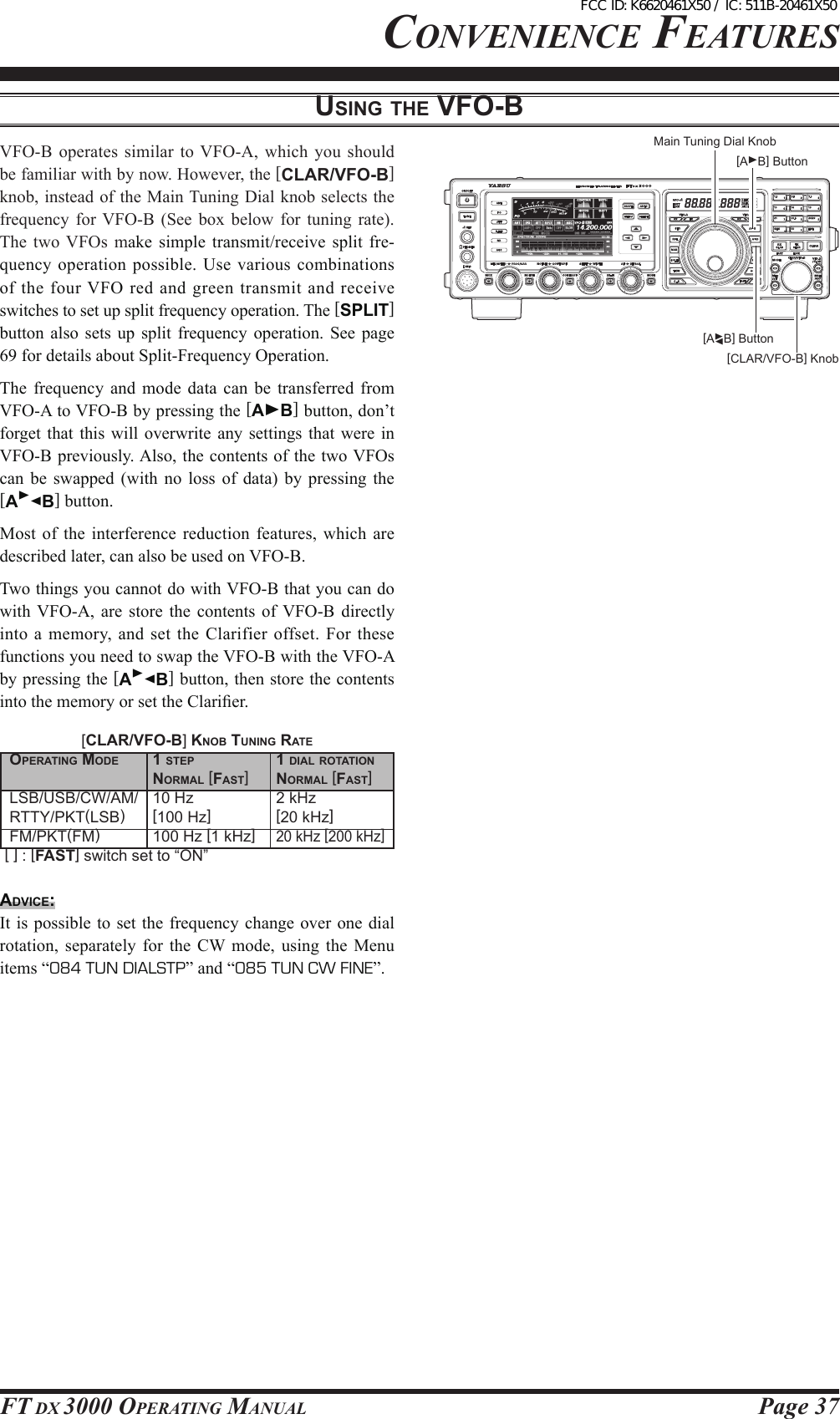 Page 37FT DX 3000 OperaTing ManualcOnvenience FeaTuresusiNg tHe vFo-b[AB] Button[CLAR/VFO-B] Knob[AB] ButtonMain Tuning Dial Knob[clAR/vFo-b] KNob tuNiNg RAteopeRAtiNg Mode  1 step  1 diAl RotAtioN     NoRMAl [FAst]  NoRMAl [FAst]LSB/USB/CW/AM/   10 Hz  2 kHzRTTY/PKT(LSB) [100 Hz]  [20 kHz] FM/PKT(FM)  100 Hz [1 kHz]  20 kHz [200 kHz][ ] : [FAST] switch set to “ON”VFO-B operates  similar  to VFO-A, which  you  should be familiar with by now. However, the [CLAR/VFO-B] knob, instead of the Main Tuning Dial knob selects the frequency  for VFO-B  (See  box  below  for  tuning  rate). The  two VFOs  make  simple  transmit/receive  split  fre-quency operation possible. Use various combinations of the four VFO red and green  transmit and receive switches to set up split frequency operation. The [SPLIT] button  also  sets up  split  frequency  operation.  See  page 69 for details about Split-Frequency Operation.The  frequency  and mode  data  can be transferred from VFO-A to VFO-B by pressing the [AB] button, don’t forget that  this will  overwrite  any  settings that  were  in VFO-B previously. Also, the contents of the two VFOs can  be  swapped  (with  no  loss  of  data)  by  pressing  the [AB] button.Most of  the  interference reduction  features,  which are described later, can also be used on VFO-B.Two things you cannot do with VFO-B that you can do with VFO-A,  are  store  the  contents  of VFO-B  directly into a memory, and set the Clarifier offset.  For these functions you need to swap the VFO-B with the VFO-A by pressing the [AB] button, then store the contents into the memory or set the Clarier.Advice:It is possible to  set the frequency change  over one dial rotation,  separately  for  the  CW  mode, using the Menu items “084 TUN DIALSTP” and “085 TUN CW FINE”.FCC ID: K6620461X50 / IC: 511B-20461X50