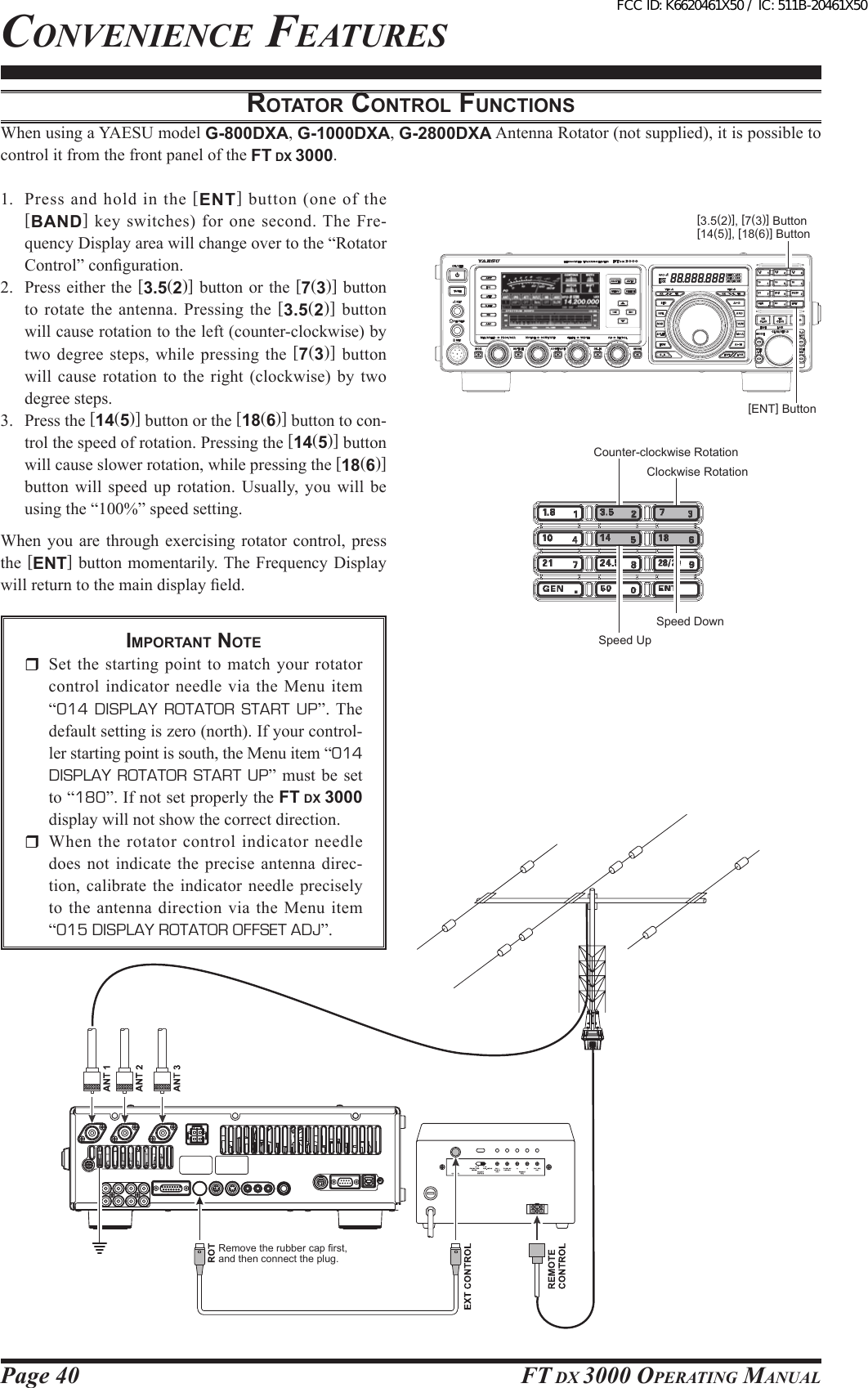 Page 40 FT DX 3000 OperaTing ManualRotAtoR coNtRol FuNctioNsWhen using a YAESU model G-800DXA, G-1000DXA, G-2800DXA Antenna Rotator (not supplied), it is possible to control it from the front panel of the FT DX 3000.1.  Press  and  hold  in  the  [ENT] button (one of the [BAND]  key  switches)  for  one  second.  The  Fre-quency Display area will change over to the “Rotator Control” conguration.2.  Press either  the [3.5(2)]  button or the [7(3)] button to rotate  the antenna. Pressing the  [3.5(2)] button will cause rotation to the left (counter-clockwise) by two degree steps, while pressing the [7(3)] button will  cause  rotation  to  the  right  (clockwise)  by  two degree steps.3.  Press the [14(5)] button or the [18(6)] button to con-trol the speed of rotation. Pressing the [14(5)] button will cause slower rotation, while pressing the [18(6)] button will  speed  up  rotation.  Usually,  you will  be using the “100%” speed setting.When  you  are  through  exercising  rotator  control,  press the [ENT]  button  momentarily. The Frequency Display will return to the main display eld.iMpoRtANt Note  Set  the starting point to match your rotator control indicator needle via the Menu item “014  DISPLAY  ROTATOR  START  UP”. The default setting is zero (north). If your control-ler starting point is south, the Menu item “014 DISPLAY ROTATOR  START  UP” must  be  set to “180”. If not set properly the FT DX 3000 display will not show the correct direction.  When the rotator control indicator needle does not indicate the precise antenna direc-tion, calibrate  the  indicator  needle precisely to the antenna direction via the Menu item “015 DISPLAY ROTATOR OFFSET ADJ”.cOnvenience FeaTures[3.5(2)], [7(3)] Button[14(5)], [18(6)] Button[ENT] ButtonCounter-clockwise RotationClockwise RotationSpeed DownSpeed UpRemove the rubber cap rst,and then connect the plug.FCC ID: K6620461X50 / IC: 511B-20461X50