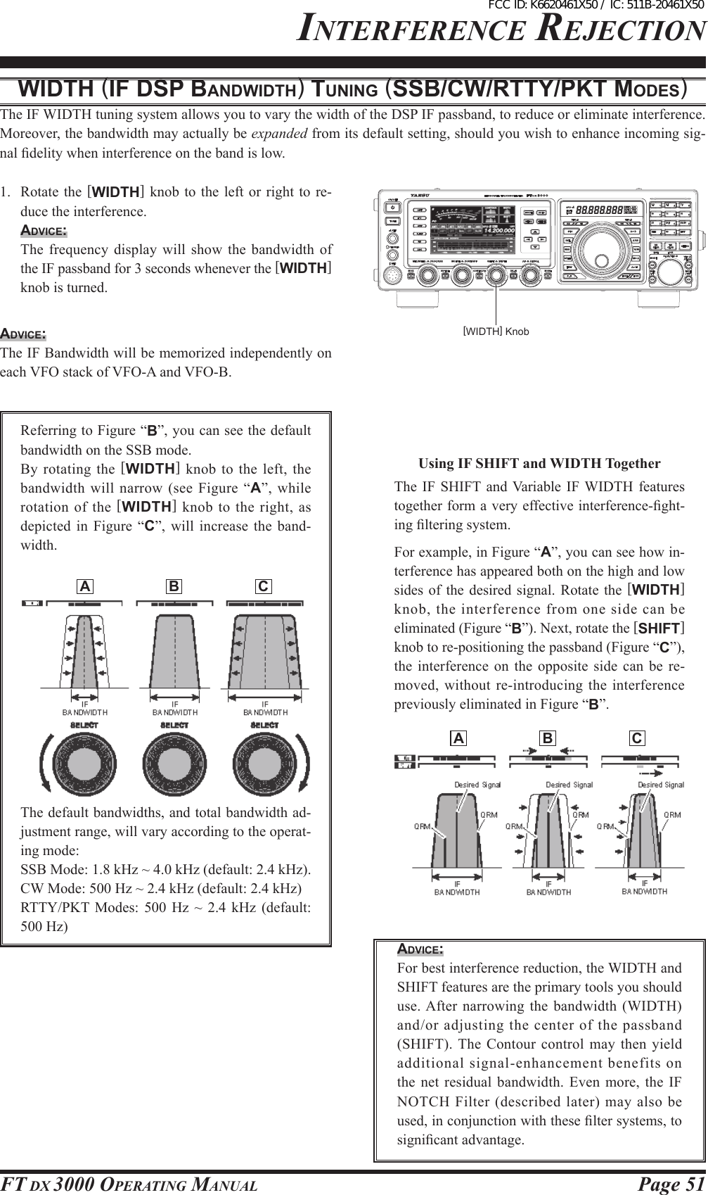 Page 51FT DX 3000 OperaTing ManualinTerFerence rejecTiOnwidtH (iF dsp bANdwidtH) tuNiNg (ssb/cw/Rtty/pKt Modes)The IF WIDTH tuning system allows you to vary the width of the DSP IF passband, to reduce or eliminate interference. Moreover, the bandwidth may actually be expanded from its default setting, should you wish to enhance incoming sig-nal delity when interference on the band is low.1.  Rotate the [WIDTH] knob to the left or right to  re-duce the interference.Advice:   The frequency  display will show the bandwidth of the IF passband for 3 seconds whenever the [WIDTH] knob is turned.[WIDTH] KnobAdvice:The IF Bandwidth will be memorized independently on each VFO stack of VFO-A and VFO-B.Referring to Figure “B”, you can see the default bandwidth on the SSB mode.By rotating the  [WIDTH]  knob to the left, the bandwidth will narrow (see Figure “A”, while rotation of  the [WIDTH] knob to the right, as depicted in Figure  “C”,  will  increase  the  band-width.  A  B  CThe default bandwidths, and total bandwidth ad-justment range, will vary according to the operat-ing mode:SSB Mode: 1.8 kHz ~ 4.0 kHz (default: 2.4 kHz).CW Mode: 500 Hz ~ 2.4 kHz (default: 2.4 kHz)RTTY/PKT Modes:  500  Hz  ~  2.4  kHz  (default: 500 Hz)UsingIFSHIFTandWIDTHTogetherThe IF  SHIFT and Variable  IF WIDTH  features together form a very effective interference-ght-ing ltering system.For example, in Figure “A”, you can see how in-terference has appeared both on the high and low sides of the desired signal. Rotate the [WIDTH] knob, the interference from one side can be eliminated (Figure “B”). Next, rotate the [SHIFT] knob to re-positioning the passband (Figure “C”), the interference  on  the  opposite side can  be  re-moved, without  re-introducing the interference previously eliminated in Figure “B”.  A  B  CAdvice: For best interference reduction, the WIDTH and SHIFT features are the primary tools you should use. After  narrowing  the  bandwidth (WIDTH) and/or adjusting the center of the passband (SHIFT). The Contour control may  then yield additional signal-enhancement benefits on the net residual bandwidth. Even more, the IF NOTCH Filter (described later) may also be used, in conjunction with these lter systems, to signicant advantage.FCC ID: K6620461X50 / IC: 511B-20461X50