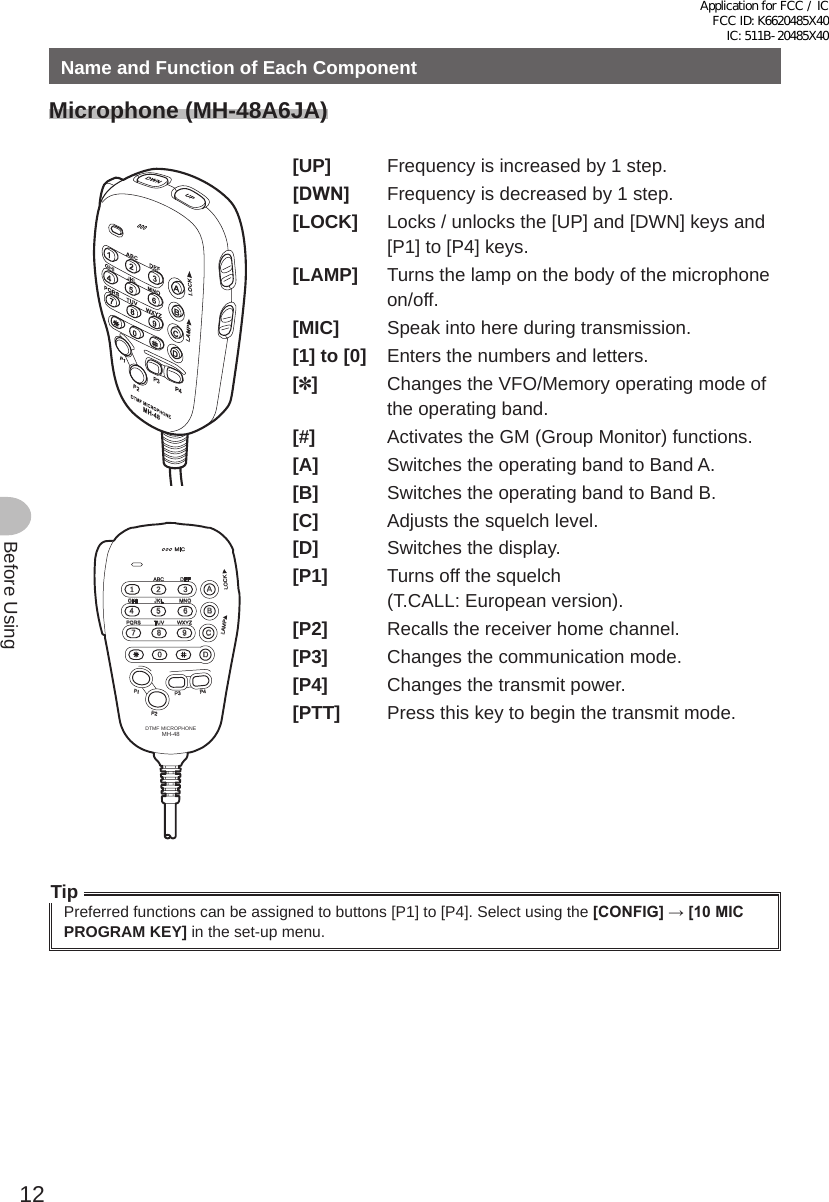 12Before UsingName and Function of Each ComponentMicrophone (MH-48A6JA)LOCKP3P2P171482059BACD36P4LAMPDTMF MICROPHONEMH-48ABCJKLTUVGHIPQRSDEFMNOWXYZMIC[UP]  Frequency is increased by 1 step.[DWN]  Frequency is decreased by 1 step.[LOCK]  Locks / unlocks the [UP] and [DWN] keys and [P1] to [P4] keys.[LAMP]  Turns the lamp on the body of the microphone on/off.[MIC]  Speak into here during transmission.[1] to [0]  Enters the numbers and letters.[✽]  Changes the VFO/Memory operating mode of the operating band.[#]  Activates the GM (Group Monitor) functions.[A]  Switches the operating band to Band A.[B]  Switches the operating band to Band B.[C]  Adjusts the squelch level.[D]  Switches the display.[P1]  Turns off the squelch (T.CALL: European version).[P2]  Recalls the receiver home channel.[P3]  Changes the communication mode.[P4]  Changes the transmit power.[PTT]  Press this key to begin the transmit mode.TipPreferred functions can be assigned to buttons [P1] to [P4]. Select using the [CONFIG]→[10MICPROGRAM KEY] in the set-up menu.Application for FCC / IC FCC ID: K6620485X40 IC: 511B-20485X40