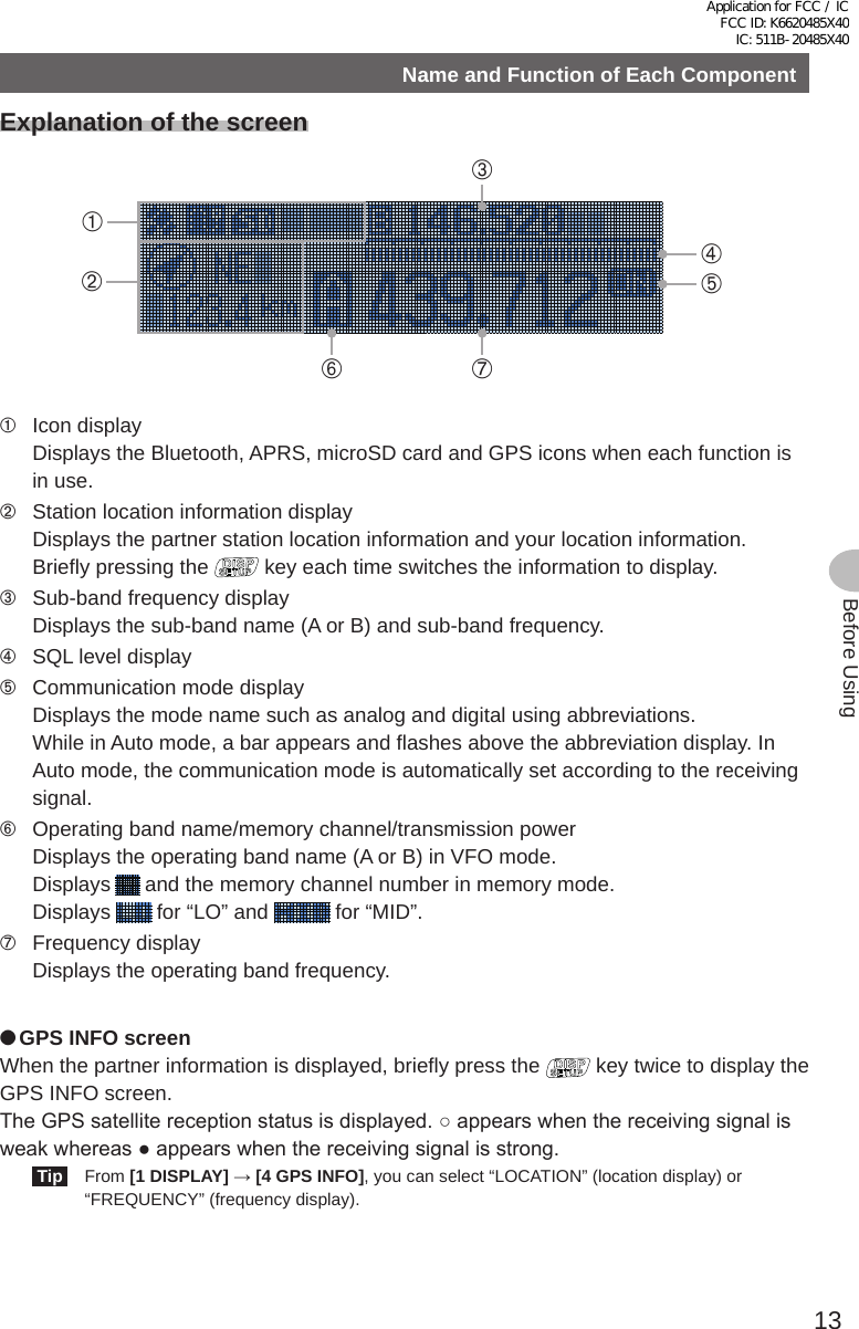 13Before UsingName and Function of Each ComponentExplanation of the screen➁➂➆➅➄➃➀➀  Icon displayDisplays the Bluetooth, APRS, microSD card and GPS icons when each function is in use.➁  Station location information displayDisplays the partner station location information and your location information. Briefly pressing the   key each time switches the information to display.➂  Sub-band frequency displayDisplays the sub-band name (A or B) and sub-band frequency.➃  SQL level display➄  Communication mode displayDisplays the mode name such as analog and digital using abbreviations.While in Auto mode, a bar appears and flashes above the abbreviation display. In Auto mode, the communication mode is automatically set according to the receiving signal.➅  Operating band name/memory channel/transmission powerDisplays the operating band name (A or B) in VFO mode.Displays   and the memory channel number in memory mode.Displays   for “LO” and   for “MID”.➆  Frequency displayDisplays the operating band frequency. ●GPS INFO screenWhen the partner information is displayed, briefly press the   key twice to display the GPS INFO screen.The GPS satellite reception status is displayed. ○ appears when the receiving signal is weak whereas ● appears when the receiving signal is strong. Tip  From [1 DISPLAY] → [4 GPS INFO], you can select “LOCATION” (location display) or “FREQUENCY” (frequency display).Application for FCC / IC FCC ID: K6620485X40 IC: 511B-20485X40