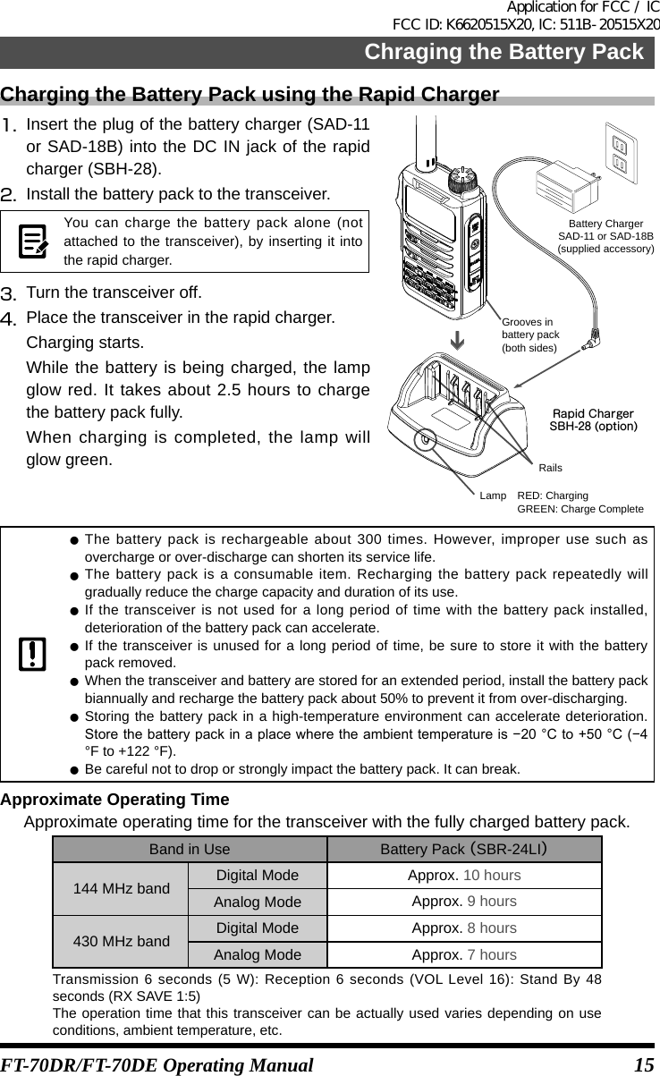 15Chraging the Battery PackFT-70DR/FT-70DE Operating ManualCharging the Battery Pack using the Rapid Charger1.  Insert the plug of the battery charger (SAD-11 or SAD-18B) into the DC IN jack of the rapid charger (SBH-28).2.  Install the battery pack to the transceiver.You can charge the battery pack alone (not attached to the transceiver), by inserting it into the rapid charger.3.  Turn the transceiver off.4.  Place the transceiver in the rapid charger.Charging starts.While the battery is being charged, the lamp glow red. It takes about 2.5 hours to charge the battery pack fully.When charging is completed, the lamp will glow green.Lamp  RED: Charging  GREEN: Charge CompleteGrooves inbattery pack(both sides)RailsRapid ChargerSBH-28 (option)Battery ChargerSAD-11 or SAD-18B(supplied accessory) zThe battery pack is rechargeable about 300 times. However, improper use such as overcharge or over-discharge can shorten its service life. zThe battery pack is a consumable item. Recharging the battery pack repeatedly will gradually reduce the charge capacity and duration of its use. zIf the transceiver is not used for a long period of time with the battery pack installed, deterioration of the battery pack can accelerate. zIf the transceiver is unused for a long period of time, be sure to store it with the battery pack removed. zWhen the transceiver and battery are stored for an extended period, install the battery pack biannually and recharge the battery pack about 50% to prevent it from over-discharging. zStoring the battery pack in a high-temperature environment can accelerate deterioration. Storethebatterypackinaplacewheretheambienttemperatureis−20°Cto+50°C(−4°F to +122 °F). zBe careful not to drop or strongly impact the battery pack. It can break.Approximate Operating TimeApproximate operating time for the transceiver with the fully charged battery pack.Band in Use Battery Pack （SBR-24LI）144 MHz band Digital Mode Approx. 10 hoursAnalog Mode Approx. 9 hours430 MHz band Digital Mode Approx. 8 hoursAnalog Mode Approx. 7 hoursTransmission 6 seconds (5 W): Reception 6 seconds (VOL Level 16): Stand By 48 seconds (RX SAVE 1:5)The operation time that this transceiver can be actually used varies depending on use conditions, ambient temperature, etc.Application for FCC / IC FCC ID: K6620515X20, IC: 511B-20515X20