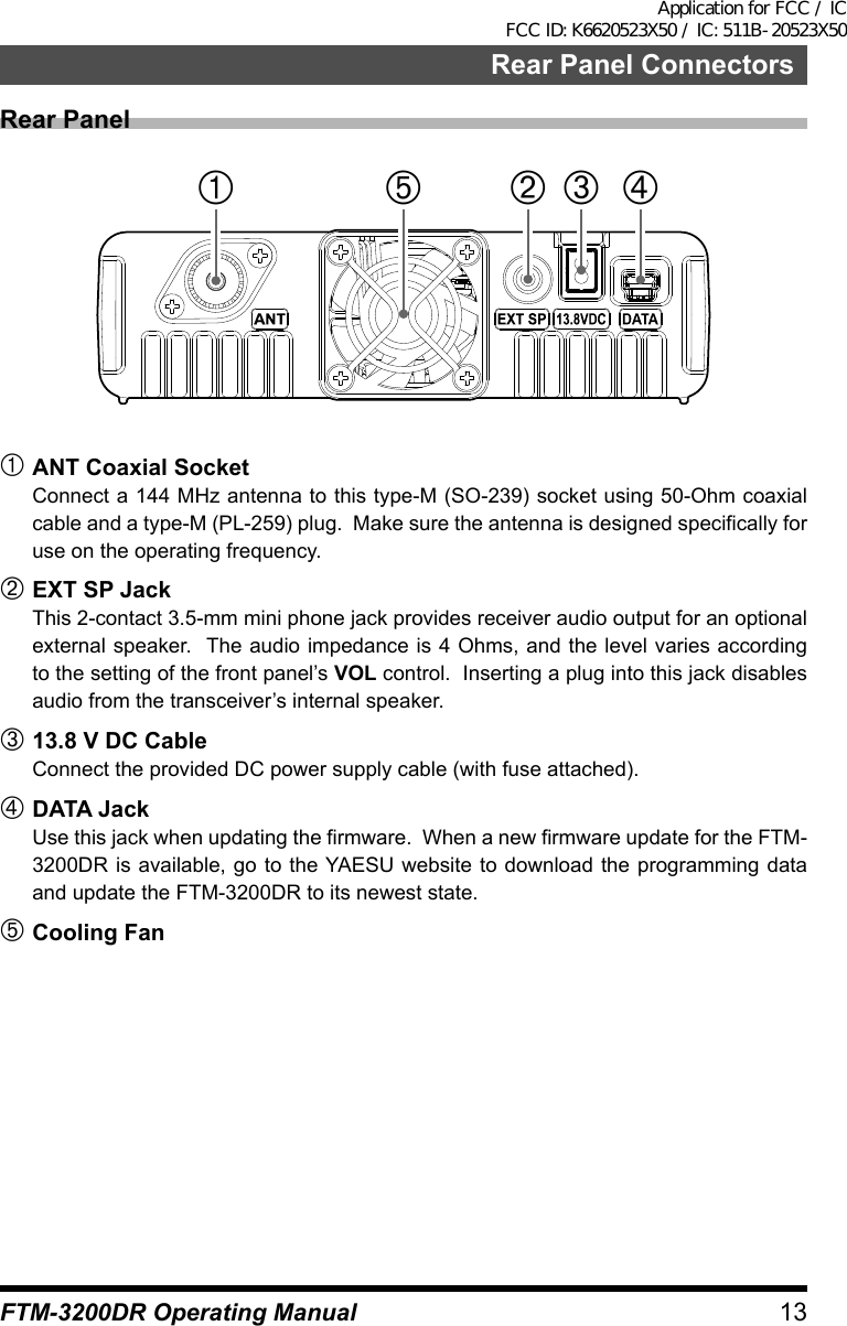 13FTM-3200DR Operating ManualRear Panel ConnectorsRear Panel     ANT Coaxial SocketConnect a 144 MHz antenna to this type-M (SO-239) socket using 50-Ohm coaxial cable and a type-M (PL-259) plug.  Make sure the antenna is designed specifically for use on the operating frequency. EXT SP JackThis 2-contact 3.5-mm mini phone jack provides receiver audio output for an optional external speaker.  The audio impedance is 4 Ohms, and the level varies according to the setting of the front panel’s VOL control.  Inserting a plug into this jack disables audio from the transceiver’s internal speaker.13.8 V DC CableConnect the provided DC power supply cable (with fuse attached).DATA JackUse this jack when updating the firmware.  When a new firmware update for the FTM-3200DR is available, go to the YAESU website to download the programming data and update the FTM-3200DR to its newest state.Cooling FanApplication for FCC / IC FCC ID: K6620523X50 / IC: 511B-20523X50