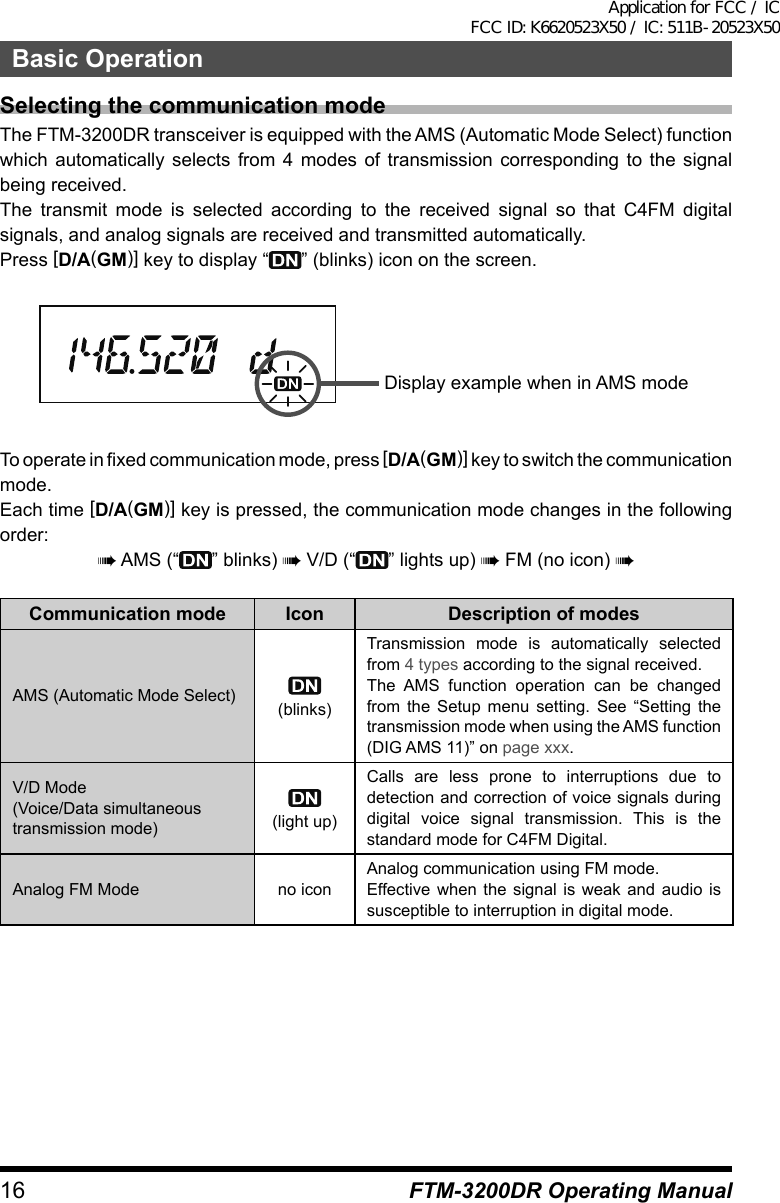 16Basic OperationFTM-3200DR Operating ManualSelecting the communication modeThe FTM-3200DR transceiver is equipped with the AMS (Automatic Mode Select) function which automatically selects from 4 modes of transmission corresponding to the signal being received.The transmit mode is selected according to the received signal so that C4FM digital signals, and analog signals are received and transmitted automatically.Press [D/A(GM)] key to display “ ” (blinks) icon on the screen.Display example when in AMS modeTo operate in fixed communication mode, press [D/A(GM)] key to switch the communication mode.Each time [D/A(GM)] key is pressed, the communication mode changes in the following order:à AMS (“ ” blinks) à V/D (“ ” lights up) à FM (no icon) àCommunication mode Icon Description of modesAMS (Automatic Mode Select) (blinks)Transmission mode is automatically selected from 4 types according to the signal received.The AMS function operation can be changed from the Setup menu setting. See “Setting the transmission mode when using the AMS function (DIG AMS 11)” on page xxx.V/D Mode(Voice/Data simultaneous transmission mode) (light up)Calls are less prone to interruptions due to detection and correction of voice signals during digital voice signal transmission. This is the standard mode for C4FM Digital.Analog FM Mode no iconAnalog communication using FM mode.Effective when the signal is weak and audio is susceptible to interruption in digital mode.Application for FCC / IC FCC ID: K6620523X50 / IC: 511B-20523X50