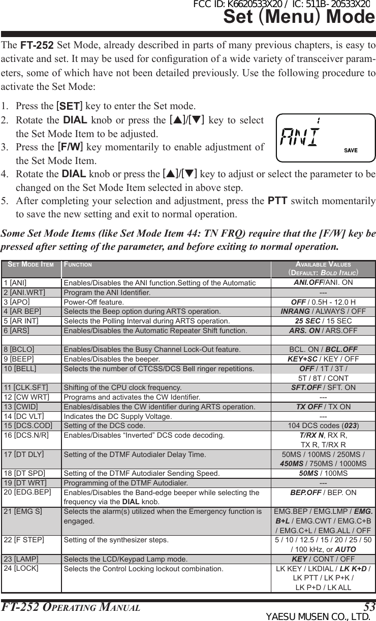 FT-252 OperaTing Manual 53The FT-252 Set Mode, already described in parts of many previous chapters, is easy to activate and set. It may be used for conguration of a wide variety of transceiver param-eters, some of which have not been detailed previously. Use the following procedure to activate the Set Mode:1.  Press the [SET] key to enter the Set mode.2.  Rotate the DIAL  knob  or  press  the [p]/[q]  key to select the Set Mode Item to be adjusted.3.  Press the [F/W] key momentarily to enable adjustment of the Set Mode Item.4.  Rotate the DIAL knob or press the [p]/[q] key to adjust or select the parameter to be changed on the Set Mode Item selected in above step.5.  After completing your selection and adjustment, press the PTT switch momentarily to save the new setting and exit to normal operation.Some Set Mode Items (like Set Mode Item 44: TN FRQ) require that the [F/W] key be pressed after setting of the parameter, and before exiting to normal operation.Set (Menu) ModeSet Mode iteM 1 [ANI]2 [ANI.WRT]3 [APO]4 [AR BEP]5 [AR INT]6 [ARS]8 [BCLO]9 [BEEP]10 [BELL] 11 [CLK.SFT]12 [CW WRT]13 [CWID]14 [DC VLT]15 [DCS.COD]16 [DCS.N/R] 17 [DT DLY] 18 [DT SPD]19 [DT WRT]20 [EDG.BEP]  21 [EMG S]  22 [F STEP] 23 [LAMP]24 [LOCK]  Function Enables/Disables the ANI function.Setting of the Automatic Program the ANI Identier.Power-Off feature.Selects the Beep option during ARTS operation.Selects the Polling Interval during ARTS operation.Enables/Disables the Automatic Repeater Shift function.Enables/Disables the Busy Channel Lock-Out feature.Enables/Disables the beeper.Selects the number of CTCSS/DCS Bell ringer repetitions.  Shifting of the CPU clock frequency.Programs and activates the CW Identier.Enables/disables the CW identier during ARTS operation.Indicates the DC Supply Voltage.Setting of the DCS code.Enables/Disables “Inverted” DCS code decoding. Setting of the DTMF Autodialer Delay Time. Setting of the DTMF Autodialer Sending Speed.Programming of the DTMF Autodialer.Enables/Disables the Band-edge beeper while selecting the frequency via the DIAL knob.Selects the alarm(s) utilized when the Emergency function is engaged. Setting of the synthesizer steps. Selects the LCD/Keypad Lamp mode.Selects the Control Locking lockout combination.  AvAiLAbLe vALueS (deFAuLt: Bold ItalIc)ANI.OFF/ANI. ON---OFF / 0.5H - 12.0 HINRANG / ALWAYS / OFF25 SEC / 15 SECARS. ON / ARS.OFFBCL. ON / BCL.OFFKEY+SC / KEY / OFFOFF / 1T / 3T / 5T / 8T / CONTSFT.OFF / SFT. ON---TX OFF / TX ON---104 DCS codes (023)T/RX N, RX R, TX R, T/RX R50MS / 100MS / 250MS / 450MS / 750MS / 1000MS50MS / 100MS---BEP.OFF / BEP. ON EMG.BEP / EMG.LMP / EMG.B+L / EMG.CWT / EMG.C+B / EMG.C+L / EMG.ALL / OFF5 / 10 / 12.5 / 15 / 20 / 25 / 50 / 100 kHz, or AUTOKEY / CONT / OFFLK KEY / LKDIAL / LK K+D /LK PTT / LK P+K / LK P+D / LK ALLFCC ID: K6620533X20 / IC: 511B-20533X20YAESU MUSEN CO., LTD.