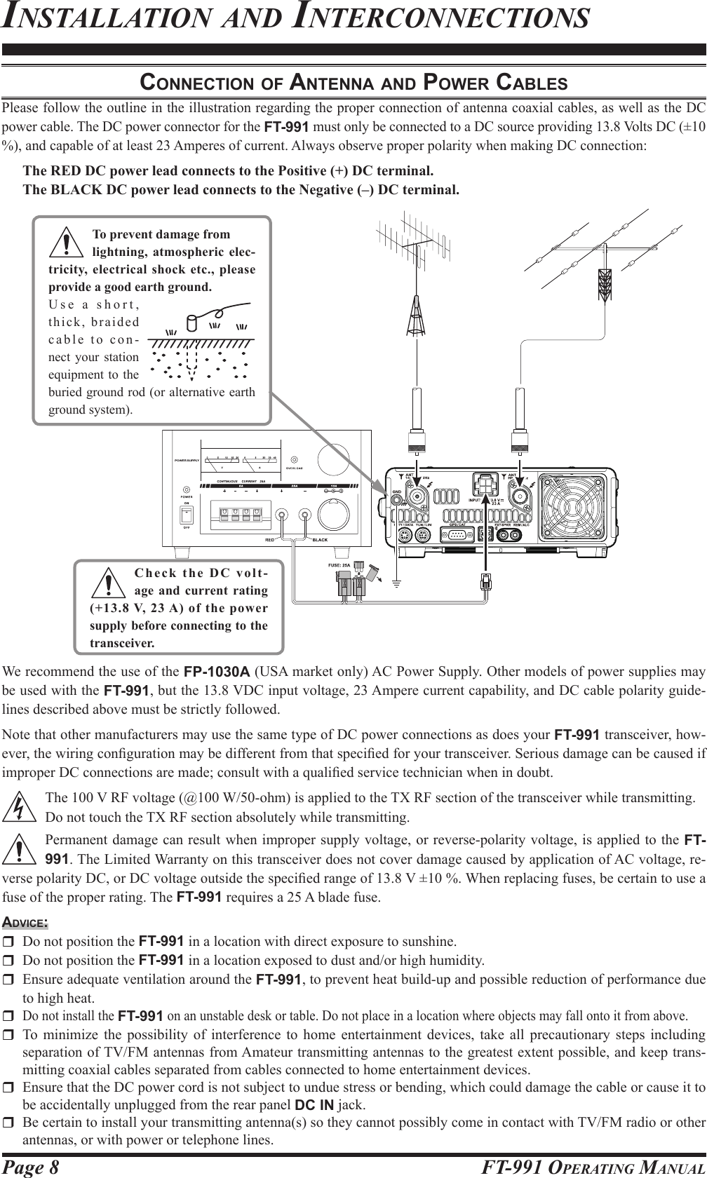 Page 8 FT-991 OperaTing Manualconnection oF AntennA And power cAbleSPlease follow the outline in the illustration regarding the proper connection of antenna coaxial cables, as well as the DC power cable. The DC power connector for the FT-991 must only be connected to a DC source providing 13.8 Volts DC (±10 %), and capable of at least 23 Amperes of current. Always observe proper polarity when making DC connection:The RED DC power lead connects to the Positive (+) DC terminal.The BLACK DC power lead connects to the Negative (–) DC terminal.We recommend the use of the FP-1030A (USA market only) AC Power Supply. Other models of power supplies may be used with the FT-991, but the 13.8 VDC input voltage, 23 Ampere current capability, and DC cable polarity guide-lines described above must be strictly followed.Note that other manufacturers may use the same type of DC power connections as does your FT-991 transceiver, how-ever, the wiring conguration may be different from that specied for your transceiver. Serious damage can be caused if improper DC connections are made; consult with a qualied service technician when in doubt.The 100 V RF voltage (@100 W/50-ohm) is applied to the TX RF section of the transceiver while transmitting.Do not touch the TX RF section absolutely while transmitting.Permanent damage can result when improper supply voltage, or reverse-polarity voltage, is applied to the FT-991. The Limited Warranty on this transceiver does not cover damage caused by application of AC voltage, re-verse polarity DC, or DC voltage outside the specied range of 13.8 V ±10 %. When replacing fuses, be certain to use a fuse of the proper rating. The FT-991 requires a 25 A blade fuse.Advice:  Do not position the FT-991 in a location with direct exposure to sunshine.  Do not position the FT-991 in a location exposed to dust and/or high humidity.  Ensure adequate ventilation around the FT-991, to prevent heat build-up and possible reduction of performance due to high heat. Do not install the FT-991 on an unstable desk or table. Do not place in a location where objects may fall onto it from above.  To minimize the possibility of interference to home entertainment devices, take all precautionary steps including separation of TV/FM antennas from Amateur transmitting antennas to the greatest extent possible, and keep trans-mitting coaxial cables separated from cables connected to home entertainment devices.  Ensure that the DC power cord is not subject to undue stress or bending, which could damage the cable or cause it to be accidentally unplugged from the rear panel DC IN jack.  Be certain to install your transmitting antenna(s) so they cannot possibly come in contact with TV/FM radio or other antennas, or with power or telephone lines.insTallaTion and inTerConneCTionsCheck the DC volt-age and current rating (+13.8 V, 23 A) of the power supply before connecting to the transceiver.To prevent damage fromlightning, atmospheric elec-tricity, electrical shock etc., please provide a good earth ground.Use a short, thick, braided cable to con-nect your station equipment to the buried ground rod (or alternative earth ground system).