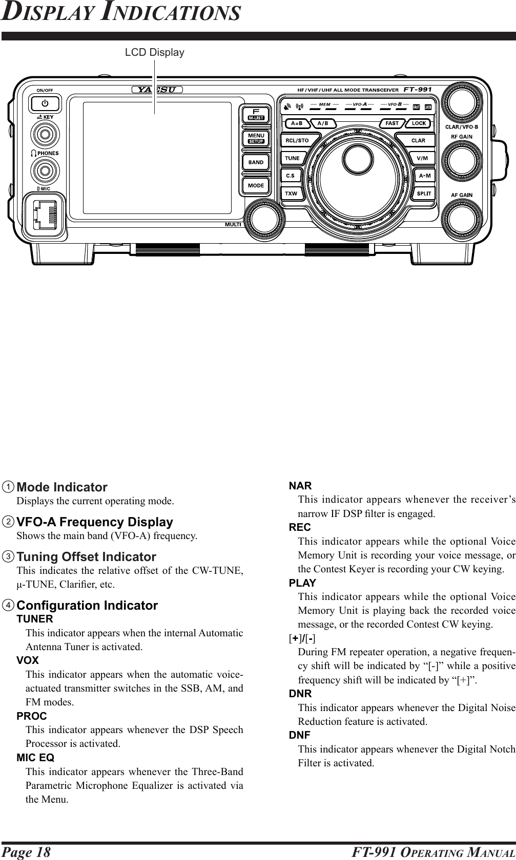 Page 18 FT-991 OperaTing ManualdisplaY indiCaTions Mode  Indicator  Displays the current operating mode. VFO-A Frequency Display  Shows the main band (VFO-A) frequency. Tuning Offset Indicator  This indicates the relative offset of the CW-TUNE, μ-TUNE, Clarier, etc.CongurationIndicator TUNERThis indicator appears when the internal Automatic Antenna Tuner is activated. VOXThis indicator appears when the automatic voice-actuated transmitter switches in the SSB, AM, and FM modes. PROCThis indicator appears whenever the DSP Speech Processor is activated. MIC EQThis indicator appears whenever the Three-Band Parametric Microphone Equalizer is activated via the Menu. NARThis indicator appears whenever the receiver’s narrow IF DSP lter is engaged. RECThis indicator appears while the optional Voice Memory Unit is recording your voice message, or the Contest Keyer is recording your CW keying. PLAYThis indicator appears while the optional Voice Memory Unit is playing back the recorded voice message, or the recorded Contest CW keying. [+]/[-]During FM repeater operation, a negative frequen-cy shift will be indicated by “[-]” while a positive frequency shift will be indicated by “[+]”. DNRThis indicator appears whenever the Digital Noise Reduction feature is activated. DNFThis indicator appears whenever the Digital Notch Filter is activated.LCD Display