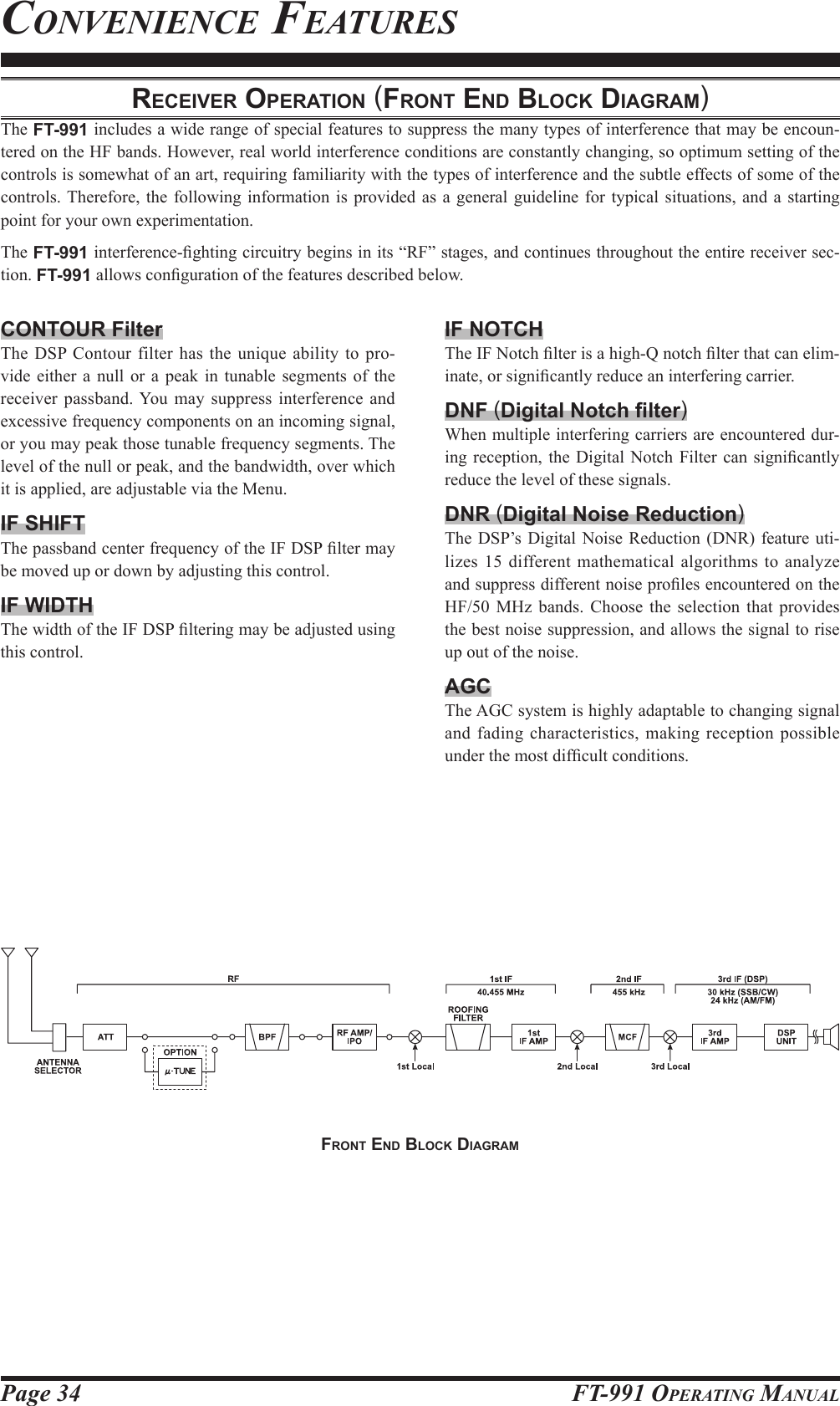 Page 34 FT-991 OperaTing ManualConvenienCe feaTuresreceiver operAtion (Front end block diAgrAM)The FT-991 includes a wide range of special features to suppress the many types of interference that may be encoun-tered on the HF bands. However, real world interference conditions are constantly changing, so optimum setting of the controls is somewhat of an art, requiring familiarity with the types of interference and the subtle effects of some of the controls. Therefore, the following information is provided as a general guideline for typical situations, and a starting point for your own experimentation.The FT-991 interference-ghting circuitry begins in its “RF” stages, and continues throughout the entire receiver sec-tion. FT-991 allows conguration of the features described below.CONTOUR FilterThe DSP Contour filter has the unique ability to pro-vide either a null or a peak in tunable segments of the receiver passband. You may suppress interference and excessive frequency components on an incoming signal, or you may peak those tunable frequency segments. The level of the null or peak, and the bandwidth, over which it is applied, are adjustable via the Menu.IF SHIFTThe passband center frequency of the IF DSP lter may be moved up or down by adjusting this control.IF WIDTHThe width of the IF DSP ltering may be adjusted using this control.IF NOTCHThe IF Notch lter is a high-Q notch lter that can elim-inate, or signicantly reduce an interfering carrier.DNF (DigitalNotchlter)When multiple interfering carriers are encountered dur-ing reception,  the  Digital Notch Filter  can  signicantly reduce the level of these signals.DNR (Digital Noise Reduction)The DSP’s Digital Noise Reduction (DNR) feature uti-lizes 15 different mathematical algorithms to analyze and suppress different noise proles encountered on the HF/50 MHz bands. Choose the selection that provides the best noise suppression, and allows the signal to rise up out of the noise.AGCThe AGC system is highly adaptable to changing signal and fading characteristics, making reception possible under the most difcult conditions.Front end block diAgrAM