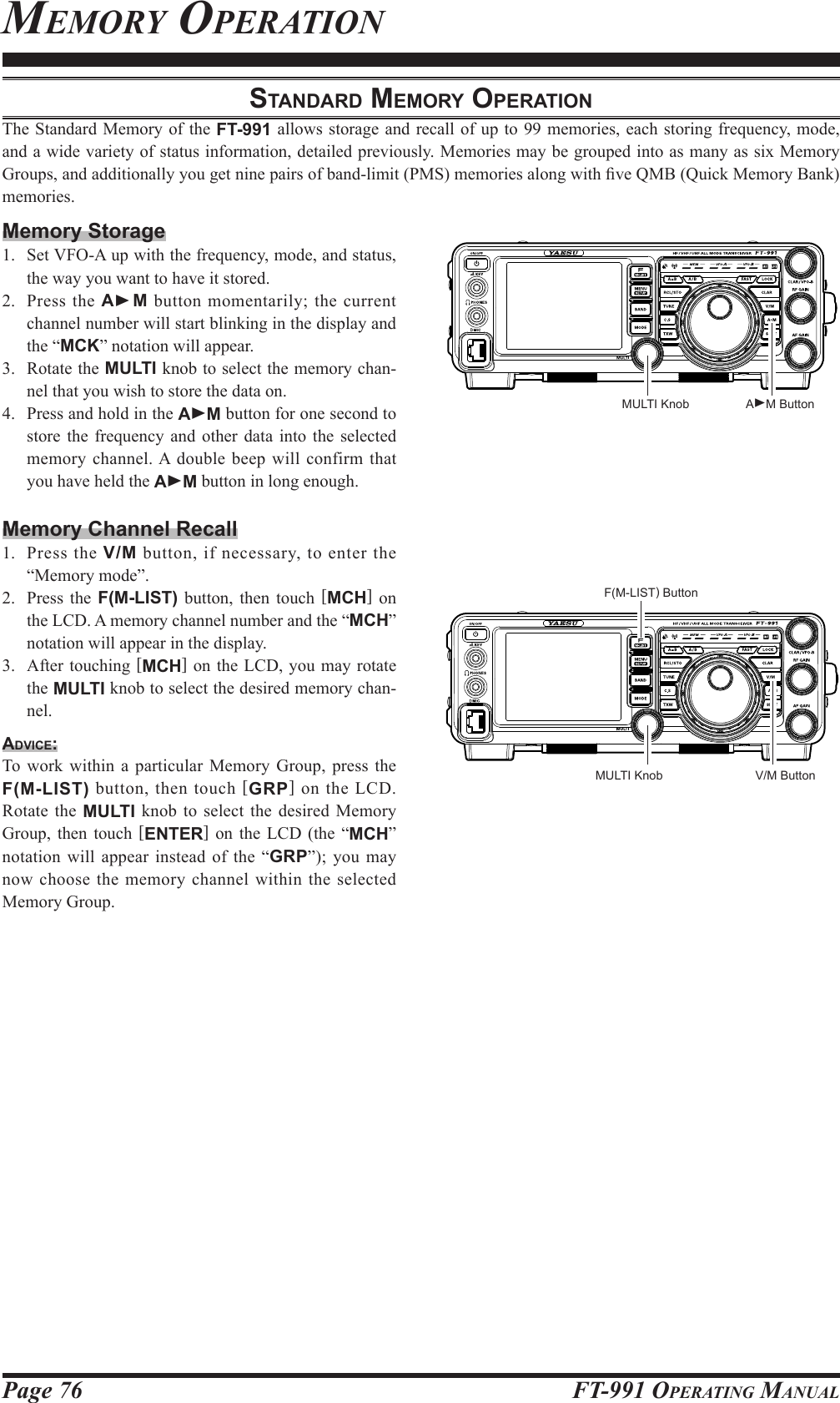 Page 76 FT-991 OperaTing ManualStAndArd MeMory operAtionThe Standard Memory of the FT-991 allows storage and recall of up to 99 memories, each storing frequency, mode, and a wide variety of status information, detailed previously. Memories may be grouped into as many as six Memory Groups, and additionally you get nine pairs of band-limit (PMS) memories along with ve QMB (Quick Memory Bank) memories.Memory Storage1.  Set VFO-A up with the frequency, mode, and status, the way you want to have it stored.2.  Press the AM button momentarily; the current channel number will start blinking in the display and the “MCK” notation will appear.3.  Rotate the MULTI knob to select the memory chan-nel that you wish to store the data on.4.  Press and hold in the AM button for one second to store the frequency and other data into the selected memory channel. A double beep will confirm that you have held the AM button in long enough.Memory Channel Recall1.  Press the V/M button, if necessary, to enter the “Memory mode”. 2.  Press the F(M-LIST) button, then touch [MCH] on the LCD. A memory channel number and the “MCH” notation will appear in the display.3.  After touching [MCH] on the LCD, you may rotate the MULTI knob to select the desired memory chan-nel.Advice:To work within a particular Memory Group, press the F(M-LIST) button, then touch [GRP] on the LCD. Rotate the MULTI knob to select the desired Memory Group, then touch [ENTER] on the LCD (the “MCH” notation will appear instead of the “GRP”); you may now choose the memory channel within the selected Memory Group.F(M-LIST) ButtonV/M ButtonMULTI KnobAM ButtonMULTI KnobMeMorY operaTion