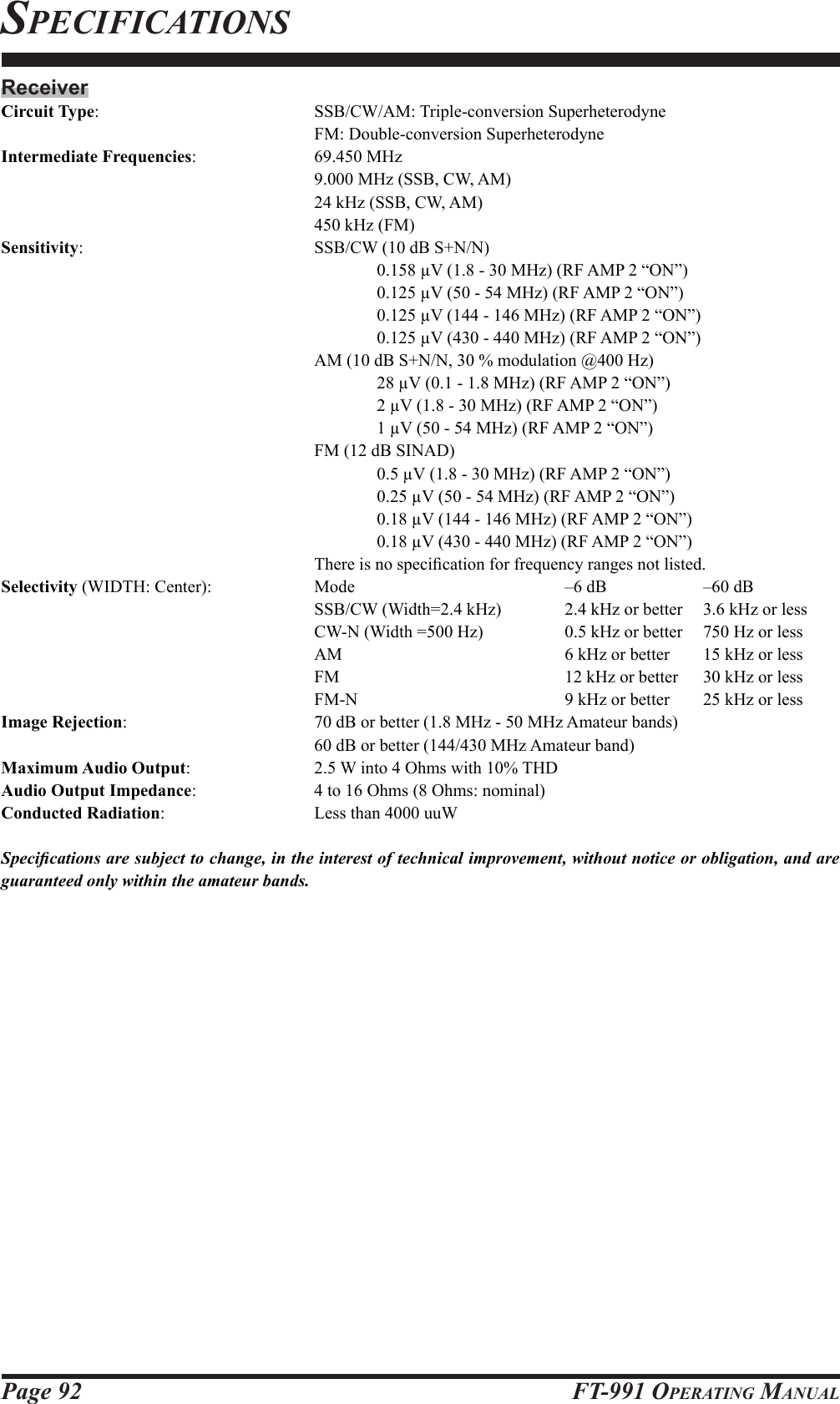 Page 92 FT-991 OperaTing ManualSpecificationSReceiverCircuit Type:    SSB/CW/AM: Triple-conversion Superheterodyne     FM: Double-conversion SuperheterodyneIntermediate Frequencies:    69.450 MHz     9.000 MHz (SSB, CW, AM)     24 kHz (SSB, CW, AM)     450 kHz (FM)Sensitivity:        SSB/CW (10 dB S+N/N)            0.158 µV (1.8 - 30 MHz) (RF AMP 2 “ON”)            0.125 µV (50 - 54 MHz) (RF AMP 2 “ON”)            0.125 µV (144 - 146 MHz) (RF AMP 2 “ON”)            0.125 µV (430 - 440 MHz) (RF AMP 2 “ON”)          AM (10 dB S+N/N, 30 % modulation @400 Hz)            28 µV (0.1 - 1.8 MHz) (RF AMP 2 “ON”)            2 µV (1.8 - 30 MHz) (RF AMP 2 “ON”)            1 µV (50 - 54 MHz) (RF AMP 2 “ON”)     FM (12 dB SINAD)            0.5 µV (1.8 - 30 MHz) (RF AMP 2 “ON”)            0.25 µV (50 - 54 MHz) (RF AMP 2 “ON”)            0.18 µV (144 - 146 MHz) (RF AMP 2 “ON”)            0.18 µV (430 - 440 MHz) (RF AMP 2 “ON”)     Thereisnospecicationforfrequencyrangesnotlisted.Selectivity (WIDTH: Center):     Mode        –6 dB       –60 dB          SSB/CW (Width=2.4 kHz)   2.4 kHz or better     3.6 kHz or less          CW-N (Width =500 Hz)    0.5 kHz or better     750 Hz or less          AM        6 kHz or better     15 kHz or less          FM        12 kHz or better     30 kHz or less          FM-N        9 kHz or better     25 kHz or lessImage Rejection:      70 dB or better (1.8 MHz - 50 MHz Amateur bands)          60 dB or better (144/430 MHz Amateur band)Maximum Audio Output:    2.5 W into 4 Ohms with 10% THDAudio Output Impedance:    4 to 16 Ohms (8 Ohms: nominal)Conducted Radiation:      Less than 4000 uuWSpecications are subject to change, in the interest of technical improvement, without notice or obligation, and are guaranteed only within the amateur bands.