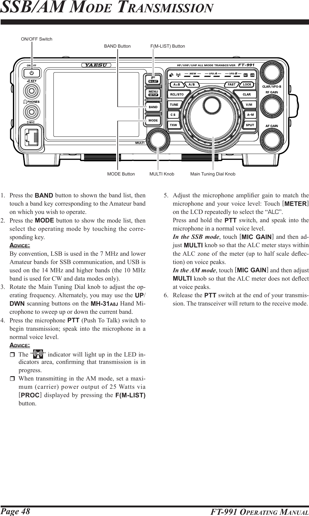 Page 48 FT-991 OperaTing Manual1.  Press the BAND button to shown the band list, then touch a band key corresponding to the Amateur band on which you wish to operate.2.  Press the MODE button to show the mode list, then select the operating mode by touching the corre-sponding key.Advice:  By convention, LSB is used in the 7 MHz and lower Amateur bands for SSB communication, and USB is used on the 14 MHz and higher bands (the 10 MHz band is used for CW and data modes only).3.  Rotate the Main Tuning Dial knob to adjust the op-erating frequency. Alternately, you may use the UP/DWN scanning buttons on the MH-31A8J Hand Mi-crophone to sweep up or down the current band.4.  Press the microphone PTT (Push To Talk) switch to begin transmission; speak into the microphone in a normal voice level.Advice:  The “ ” indicator will light up in the LED in-dicators  area, conrming that transmission  is  in progress.  When transmitting in the AM mode, set a maxi-mum (carrier) power output of 25 Watts via [PROC] displayed by pressing the F(M-LIST) button.5.  Adjust the microphone  amplier  gain  to  match  the microphone and your voice level: Touch [METER] on the LCD repeatedly to select the “ALC”. Press and hold the PTT switch, and speak into the microphone in a normal voice level. In the SSB mode, touch [MIC GAIN] and then ad-just MULTI knob so that the ALC meter stays within the ALC zone  of the meter (up to  half scale  deec-tion) on voice peaks. In the AM mode, touch [MIC GAIN] and then adjust MULTI knob so that the ALC meter does not deect at voice peaks.6.  Release the PTT switch at the end of your transmis-sion. The transceiver will return to the receive mode.ssb/aM Mode TransMissionON/OFF SwitchMain Tuning Dial KnobF(M-LIST) ButtonMULTI KnobMODE ButtonBAND Button