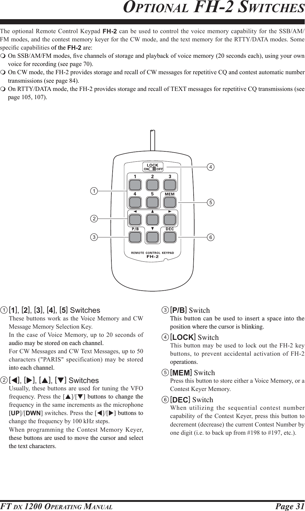 Page 31FT DX 1200 OPERATING MANUALOPTIONAL FH-2 SWITCHES7KHRSWLRQDO5HPRWH&amp;RQWURO.H\SDGFH-2FDQEHXVHGWRFRQWUROWKHYRLFHPHPRU\FDSDELOLW\IRUWKH66%$0)0PRGHVDQGWKHFRQWHVWPHPRU\NH\HUIRUWKH&amp;:PRGHDQGWKHWH[WPHPRU\IRUWKH577&lt;&apos;$7$PRGHV6RPHVSHFL¿FFDSDELOLWLHVof the FH-2DUH2Q66%$0)0PRGHV¿YHFKDQQHOVRIVWRUDJHDQGSOD\EDFNRIYRLFHPHPRU\VHFRQGVHDFKXVLQJ\RXURZQYRLFHIRUUHFRUGLQJVHHSDJH2Q&amp;:PRGHWKH)+SURYLGHVVWRUDJHDQGUHFDOORI&amp;:PHVVDJHVIRUUHSHWLWLYH&amp;4DQGFRQWHVWDXWRPDWLFQXPEHUWUDQVPLVVLRQVVHHSDJH2Q577&lt;&apos;$7$PRGHWKH)+SURYLGHVVWRUDJHDQGUHFDOORI7(;7PHVVDJHVIRUUHSHWLWLYH&amp;4WUDQVPLVVLRQVVHHSDJH [1], [2], [3], [4], [5] Switches7KHVHEXWWRQVZRUNDVWKH9RLFH0HPRU\DQG&amp;:0HVVDJH0HPRU\6HOHFWLRQ.H\,QWKHFDVHRI9RLFH0HPRU\XSWRVHFRQGVRIaudio may be stored on each channel.)RU&amp;:0HVVDJHVDQG&amp;:7H[W0HVVDJHVXSWRFKDUDFWHUV3$5,6VSHFLILFDWLRQPD\EHVWRUHGinto each channel. [W], [X], [S], [T] Switches8VXDOO\WKHVHEXWWRQVDUHXVHGIRUWXQLQJWKH9)2IUHTXHQF\3UHVVWKH&gt;S@&gt;T] buttons to change the IUHTXHQF\LQWKHVDPHLQFUHPHQWVDVWKHPLFURSKRQH[UP@&gt;DWN@VZLWFKHV3UHVVWKH&gt;W@&gt;X] buttons to FKDQJHWKHIUHTXHQF\E\N+]VWHSV:KHQSURJUDPPLQJWKH&amp;RQWHVW0HPRU\.H\HUthese buttons are used to move the cursor and select the text characters. [P/B] SwitchThis button can be used to insert a space into the position where the cursor is blinking. [LOCK] Switch7KLVEXWWRQPD\EHXVHGWRORFNRXWWKH)+NH\EXWWRQVWRSUHYHQWDFFLGHQWDODFWLYDWLRQRI)+operations. [MEM] Switch3UHVVWKLVEXWWRQWRVWRUHHLWKHUD9RLFH0HPRU\RUD&amp;RQWHVW.H\HU0HPRU\ [DEC] Switch:KHQXWLOL]LQJWKHVHTXHQWLDOFRQWHVWQXPEHUFDSDELOLW\RIWKH&amp;RQWHVW.H\HUSUHVVWKLVEXWWRQWRGHFUHPHQWGHFUHDVHWKHFXUUHQW&amp;RQWHVW1XPEHUE\RQHGLJLWLHWREDFNXSIURPWRHWFFCC ID: K6620581X50 / IC: 511B-20581X50YAESU MUSEN CO., LTD.