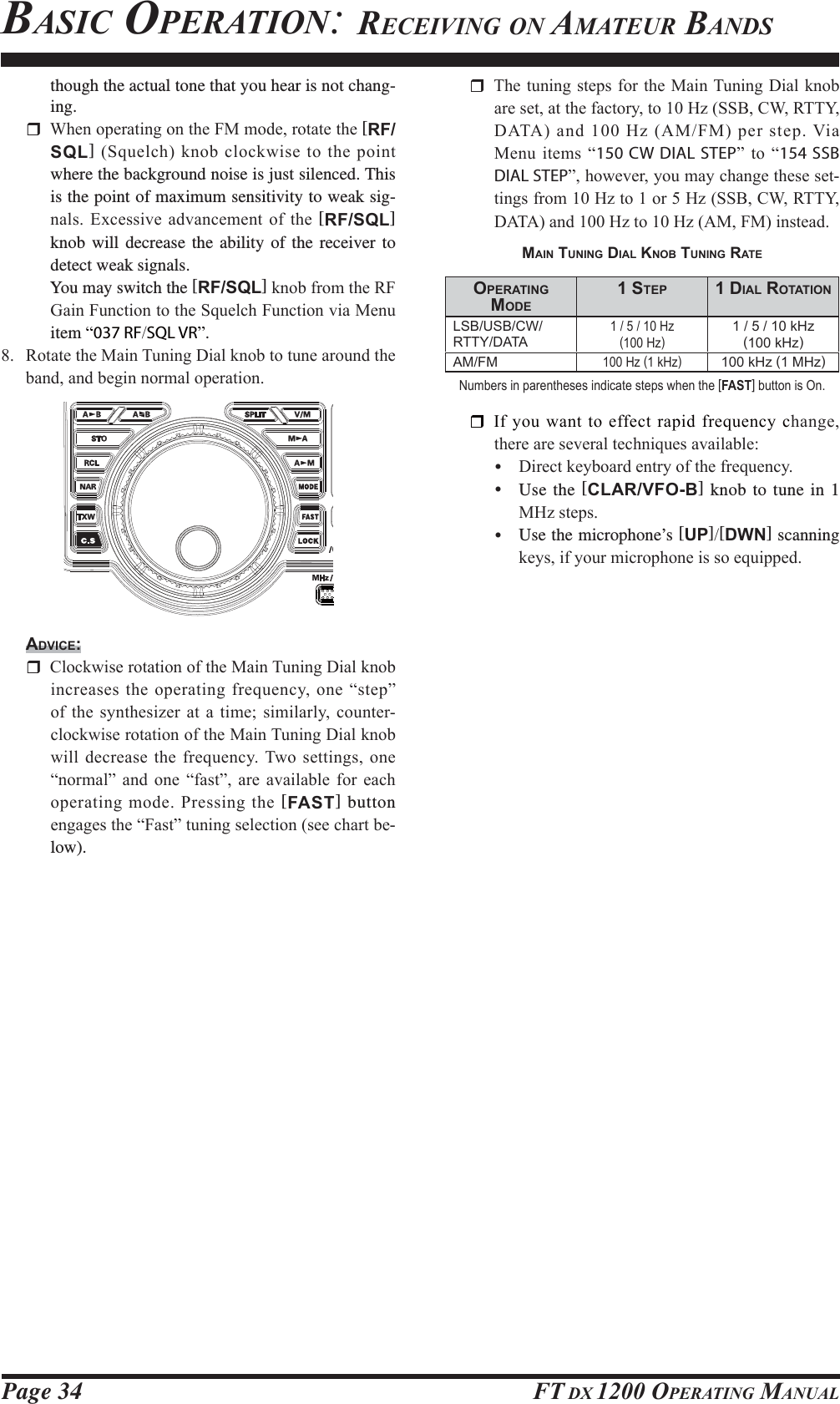 Page 34 FT DX 1200 OPERATING MANUALthough the actual tone that you hear is not chang-ing. :KHQRSHUDWLQJRQWKH)0PRGHURWDWHWKH[RF/SQL]6TXHOFKNQREFORFNZLVHWRWKHSRLQWwhere the background noise is just silenced. This is the point of maximum sensitivity to weak sig-QDOV([FHVVLYHDGYDQFHPHQWRIWKH[RF/SQL] knob will decrease the ability of the receiver to detect weak signals.  You may switch the [RF/SQL]NQREIURPWKH5)*DLQ)XQFWLRQWRWKH6TXHOFK)XQFWLRQYLD0HQXitem ³037 RFSQL VR´. 5RWDWHWKH0DLQ7XQLQJ&apos;LDONQREWRWXQHDURXQGWKHEDQGDQGEHJLQQRUPDORSHUDWLRQADVICE: &amp;ORFNZLVHURWDWLRQRIWKH0DLQ7XQLQJ&apos;LDONQRELQFUHDVHVWKHRSHUDWLQJIUHTXHQF\RQH³VWHS´RIWKH V\QWKHVL]HUDWD WLPHVLPLODUO\FRXQWHUFORFNZLVHURWDWLRQRIWKH0DLQ7XQLQJ&apos;LDONQREZLOOGHFUHDVHWKHIUHTXHQF\7ZR VHWWLQJVRQH³QRUPDO´ DQG RQH ³IDVW´ DUH DYDLODEOH IRU HDFKRSHUDWLQJPRGH3UHVVLQJWKH[FAST] button HQJDJHVWKH³)DVW´WXQLQJVHOHFWLRQVHHFKDUWEH-low).BASIC OPERATION: RECEIVING ON AMATEUR BANDS 7KHWXQLQJVWHSVIRU WKH0DLQ7XQLQJ&apos;LDONQREDUHVHWDWWKHIDFWRU\WR+]66%&amp;:577&lt;&apos;$7$DQG+]$0)0SHUVWHS9LD0HQXLWHPV³150 CW DIAL STEP´ WR ³154 SSB DIAL STEP´KRZHYHU\RXPD\FKDQJHWKHVHVHW-WLQJVIURP+]WRRU+]66%&amp;:577&lt;&apos;$7$DQG+]WR+]$0)0LQVWHDGMAIN TUNING DIAL KNOB TUNING RATEOPERATING MODE1 STEP 1 DIAL ROTATIONLSB/USB/CW/RTTY/DATA1 / 5 / 10 Hz(100 Hz)1 / 5 / 10 kHz(100 kHz)AM/FM100 Hz (1 kHz)100 kHz (1 MHz)Numbers in parentheses indicate steps when the [FAST] button is On. ,I \RX ZDQWWRHIIHFWUDSLGIUHTXHQF\FKDQJHWKHUHDUHVHYHUDOWHFKQLTXHVDYDLODEOHy &apos;LUHFWNH\ERDUGHQWU\RIWKHIUHTXHQF\y Use the [CLAR/VFO-B] knob to tune in 1 0+]VWHSVy Use the microphone’s [UP][DWN] scanning NH\VLI\RXUPLFURSKRQHLVVRHTXLSSHGFCC ID: K6620581X50 / IC: 511B-20581X50YAESU MUSEN CO., LTD.