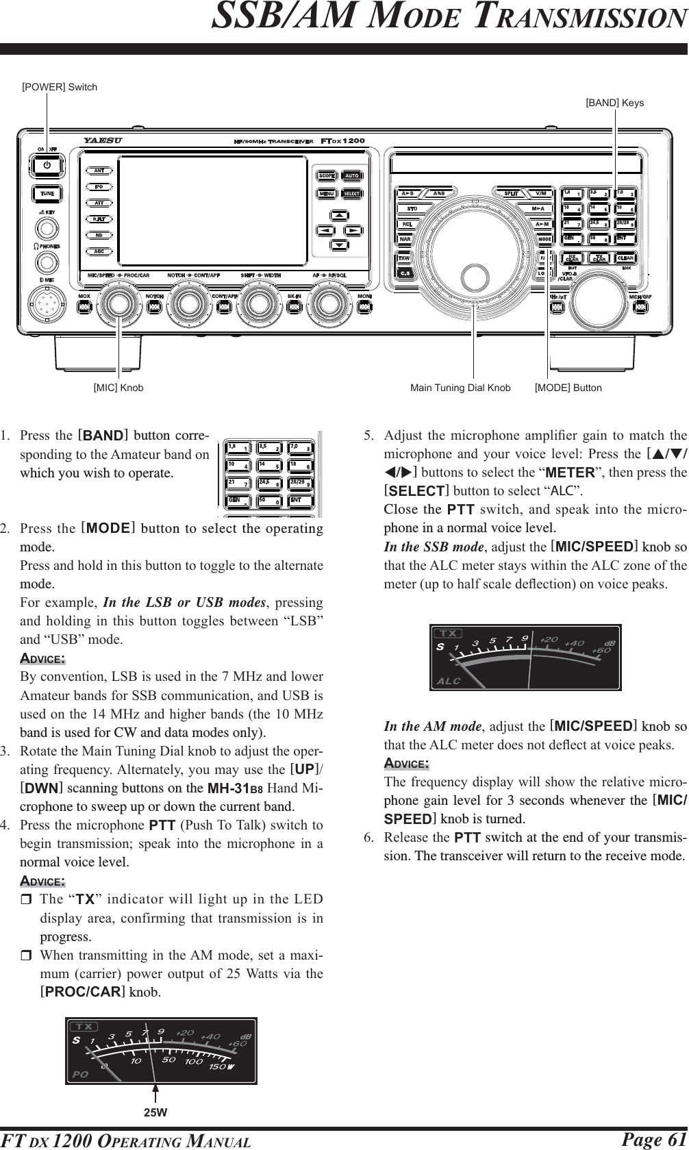 Page 61FT DX 1200 OPERATING MANUAL 3UHVV WKH [BAND] button corre-VSRQGLQJWRWKH$PDWHXUEDQGRQwhich you wish to operate. 3UHVVWKH[MODE] button to select the operating mode. 3UHVVDQGKROGLQWKLVEXWWRQWRWRJJOHWRWKHDOWHUQDWHmode. )RU H[DPSOH In the LSB or USB modes SUHVVLQJDQGKROGLQJ LQWKLV EXWWRQWRJJOHV EHWZHHQ³/6%´DQG³86%´PRGHADVICE: %\FRQYHQWLRQ/6%LVXVHGLQWKH0+]DQGORZHU$PDWHXUEDQGVIRU66%FRPPXQLFDWLRQDQG86%LVXVHGRQWKH0+]DQGKLJKHUEDQGVWKH0+]band is used for CW and data modes only). 5RWDWHWKH0DLQ7XQLQJ&apos;LDONQREWRDGMXVWWKHRSHU-DWLQJIUHTXHQF\$OWHUQDWHO\\RXPD\XVHWKH[UP][DWN] scanning buttons on the MH-31B8+DQG0L-crophone to sweep up or down the current band. 3UHVVWKHPLFURSKRQHPTT3XVK7R7DONVZLWFKWREHJLQ WUDQVPLVVLRQ VSHDN LQWR WKH PLFURSKRQH LQ Dnormal voice level.ADVICE:7KH³TX´LQGLFDWRUZLOOOLJKWXSLQWKH/(&apos;GLVSOD\ DUHD FRQILUPLQJ WKDW WUDQVPLVVLRQ LV LQprogress. :KHQWUDQVPLWWLQJLQWKH$0PRGHVHWDPD[L-PXP FDUULHU SRZHU RXWSXW RI  :DWWV YLD WKH[PROC/CAR] knob. $GMXVW WKH PLFURSKRQH DPSOL¿HU JDLQ WR PDWFK WKHPLFURSKRQH DQG \RXU YRLFH OHYHO 3UHVV WKH [S/T/W/X]EXWWRQVWRVHOHFWWKH³METER´WKHQSUHVVWKH[SELECT]EXWWRQWRVHOHFW³ALC´ Close the PTT VZLWFKDQGVSHDNLQWR WKHPLFUR-phone in a normal voice level. In the SSB modeDGMXVWWKH[MIC/SPEED] knob so WKDWWKH$/&amp;PHWHUVWD\VZLWKLQWKH$/&amp;]RQHRIWKHPHWHUXSWRKDOIVFDOHGHÀHFWLRQRQYRLFHSHDNVSSB/AM MODE TRANSMISSION[POWER] Switch[MIC] Knob Main Tuning Dial Knob[BAND] Keys[MODE] Button25W In the AM modeDGMXVWWKH[MIC/SPEED] knob so WKDWWKH$/&amp;PHWHUGRHVQRWGHÀHFWDWYRLFHSHDNVADVICE: 7KHIUHTXHQF\GLVSOD\ZLOOVKRZWKHUHODWLYHPLFUR-phone gain level for 3 seconds whenever the [MIC/SPEED] knob is turned. 5HOHDVHWKHPTT switch at the end of your transmis-sion. The transceiver will return to the receive mode.FCC ID: K6620581X50 / IC: 511B-20581X50YAESU MUSEN CO., LTD.