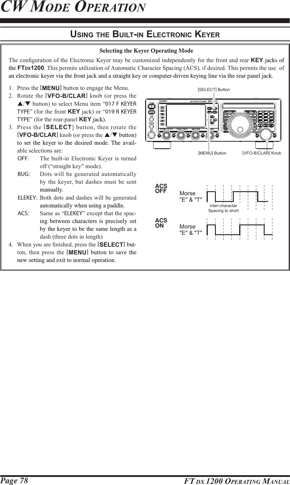 Page 78 FT DX 1200 OPERATING MANUALCW MODE OPERATIONSelecting the Keyer Operating Mode7KHFRQ¿JXUDWLRQRIWKH(OHFWURQLF.H\HUPD\EHFXVWRPL]HGLQGHSHQGHQWO\IRUWKHIURQWDQGUHDUKEY jacks of the FTDX12007KLVSHUPLWVXWLOL]DWLRQRI$XWRPDWLF&amp;KDUDFWHU6SDFLQJ$&amp;6LIGHVLUHG7KLVSHUPLWVWKHXVHRIan electronic keyer via the front jack and a straight key or computer-driven keying line via the rear panel jack. 3UHVVWKH[MENU]EXWWRQWRHQJDJHWKH0HQX 5RWDWHWKH[VFO-B/CLAR] NQRERUSUHVVWKHSTEXWWRQWRVHOHFW0HQXLWHP³017 F KEYER TYPE´IRUWKHIURQWKEYMDFNRU³019 R KEYER TYPE´IRUWKHUHDUSDQHOKEY jack). 3UHVV WKH [SELECT@EXWWRQWKHQURWDWHWKH[VFO-B/CLAR]NQRERUSUHVVWKHST button) to set the keyer to the desired mode. The avail-DEOHVHOHFWLRQVDUHOFF 7KHEXLOWLQ (OHFWURQLF .H\HULV WXUQHGRII³VWUDLJKWNH\´PRGHBUG &apos;RWVZLOOEHJHQHUDWHGDXWRPDWLFDOO\E\WKHNH\HU EXWGDVKHVPXVWEHVHQWmanually.ELEKEY %RWKGRWVDQGGDVKHVZLOOEHJHQHUDWHGautomatically when using a paddle.ACS 6DPHDV³ELEKEY´H[FHSWWKDWWKHVSDF-ing between characters is precisely set by the keyer to be the same length as a GDVKWKUHHGRWVLQOHQJWK :KHQ\RXDUH¿QLVKHGSUHVVWKH[SELECT] but-WRQWKHQSUHVV WKH[MENU] button to save the new setting and exit to normal operation.USING THE BUILT-IN ELECTRONIC KEYER[VFO-B/CLAR] Knob[MENU] Button[SELECT] ButtonMorse&quot;E&quot; &amp; &quot;T&quot;Morse&quot;E&quot; &amp; &quot;T&quot;ACSOFFΑβȜΑACSONInter-characterSpacing to shortFCC ID: K6620581X50 / IC: 511B-20581X50YAESU MUSEN CO., LTD.