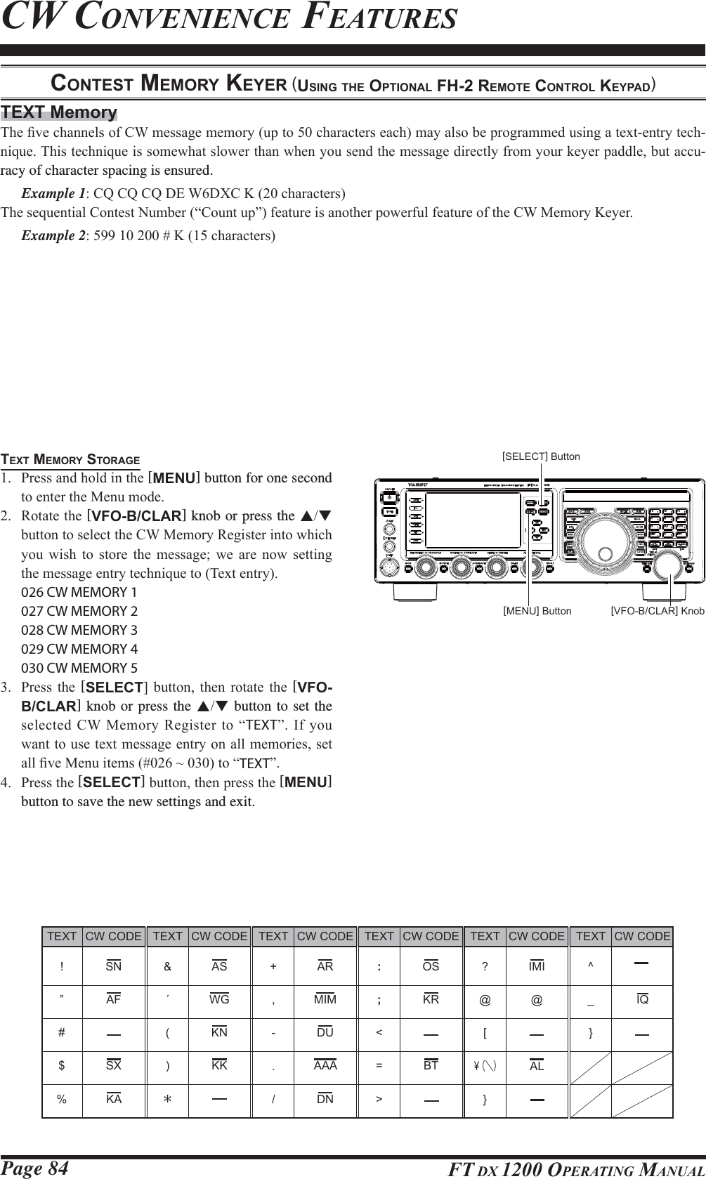 Page 84 FT DX 1200 OPERATING MANUALCW CONVENIENCE FEATURESTEXT Memory7KH¿YHFKDQQHOVRI&amp;:PHVVDJHPHPRU\XSWRFKDUDFWHUVHDFKPD\DOVREHSURJUDPPHGXVLQJDWH[WHQWU\WHFK-QLTXH7KLVWHFKQLTXHLVVRPHZKDWVORZHUWKDQZKHQ\RXVHQGWKHPHVVDJHGLUHFWO\IURP\RXUNH\HUSDGGOHEXWDFFX-racy of character spacing is ensured. Example 1&amp;4&amp;4&amp;4&apos;(:&apos;;&amp;.FKDUDFWHUV7KHVHTXHQWLDO&amp;RQWHVW1XPEHU³&amp;RXQWXS´IHDWXUHLVDQRWKHUSRZHUIXOIHDWXUHRIWKH&amp;:0HPRU\.H\HU Example 2.FKDUDFWHUVTEXT MEMORY STORAGE 3UHVVDQGKROGLQWKH[MENU] button for one second WRHQWHUWKH0HQXPRGH 5RWDWHWKH[VFO-B/CLAR] knob or press the ST EXWWRQWRVHOHFWWKH&amp;:0HPRU\5HJLVWHULQWRZKLFK\RX ZLVK WR VWRUH WKH PHVVDJH ZH DUH QRZ VHWWLQJWKHPHVVDJHHQWU\WHFKQLTXHWR7H[WHQWU\ 026 CW MEMORY 1  027 CW MEMORY 2  028 CW MEMORY 3  029 CW MEMORY 4  030 CW MEMORY 5 3UHVV WKH [SELECT@ EXWWRQ WKHQ URWDWH WKH [VFO-B/CLAR] knob or press the ST button to set the VHOHFWHG &amp;:0HPRU\ 5HJLVWHUWR³TEXT´ ,I\RXZDQWWRXVHWH[WPHVVDJHHQWU\RQDOOPHPRULHVVHWDOO¿YH0HQXLWHPVaWR³TEXT´ 3UHVVWKH[SELECT]EXWWRQWKHQSUHVVWKH[MENU] button to save the new settings and exit.CONTEST MEMORY KEYER (USING THE OPTIONAL FH-2 REMOTE CONTROL KEYPAD)[VFO-B/CLAR] Knob[MENU] Button[SELECT] ButtonCW CODE SN AF  SX KATEXT+ ,-./CW CODE AS WG  KN KK  CW CODE AR MIM DU AAA  DNCW CODE OS KR  BT CW CODE IMI @  AL CW CODE  IQ TEXT ! ” # $ %TEXT: ;&lt;=&gt;TEXT?@[￥（＼）}TEXT^_} TEXT&amp;´()＊