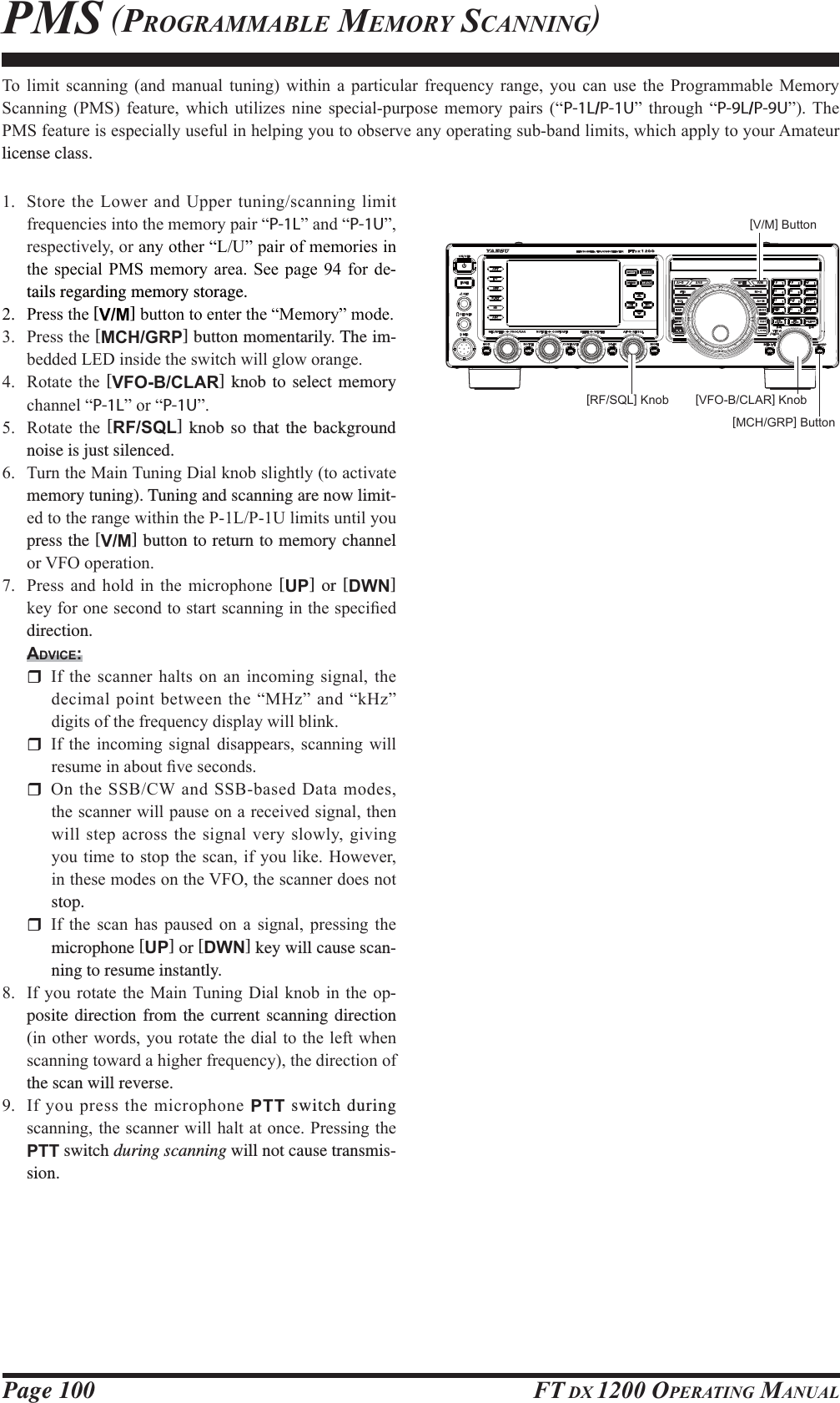 Page 100 FT DX 1200 OPERATING MANUALPMS (PROGRAMMABLE MEMORY SCANNING)7R OLPLW VFDQQLQJ DQG PDQXDO WXQLQJ ZLWKLQ D SDUWLFXODU IUHTXHQF\ UDQJH \RX FDQ XVH WKH 3URJUDPPDEOH 0HPRU\6FDQQLQJ 306 IHDWXUH ZKLFK XWLOL]HV QLQH VSHFLDOSXUSRVH PHPRU\ SDLUV ³P-1L/P-1U´ WKURXJK ³P-9L/P-9U´7KH306IHDWXUHLVHVSHFLDOO\XVHIXOLQKHOSLQJ\RXWRREVHUYHDQ\RSHUDWLQJVXEEDQGOLPLWVZKLFKDSSO\WR\RXU$PDWHXUlicense class. 6WRUHWKH/RZHU DQG8SSHUWXQLQJVFDQQLQJOLPLWIUHTXHQFLHVLQWRWKHPHPRU\SDLU³P-1L´DQG³P-1U´UHVSHFWLYHO\RUDQ\RWKHU³/8´SDLURIPHPRULHVLQWKHVSHFLDO 306PHPRU\ DUHD6HH SDJH IRU GH-tails regarding memory storage. 3UHVVWKH[V/M]EXWWRQWRHQWHUWKH³0HPRU\´PRGH 3UHVVWKH[MCH/GRP] button momentarily. The im-EHGGHG/(&apos;LQVLGHWKHVZLWFKZLOOJORZRUDQJH 5RWDWH WKH [VFO-B/CLAR] knob to select memory FKDQQHO³P-1L´RU³P-1U´ 5RWDWH WKH [RF/SQL] knob so that the background noise is just silenced. 7XUQWKH0DLQ7XQLQJ&apos;LDONQREVOLJKWO\WRDFWLYDWHmemory tuning). Tuning and scanning are now limit-HGWRWKHUDQJHZLWKLQWKH3/38OLPLWVXQWLO\RXpress the [V/M] button to return to memory channel RU9)2RSHUDWLRQ 3UHVV DQG KROG LQ WKH PLFURSKRQH [UP] or [DWN] NH\IRURQHVHFRQGWRVWDUWVFDQQLQJLQWKHVSHFL¿HGdirection.ADVICE: ,IWKHVFDQQHUKDOWVRQ DQ LQFRPLQJ VLJQDO WKHGHFLPDO SRLQWEHWZHHQWKH³0+]´DQG³N+]´GLJLWVRIWKHIUHTXHQF\GLVSOD\ZLOOEOLQN ,I WKH LQFRPLQJ VLJQDO GLVDSSHDUV VFDQQLQJ ZLOOUHVXPHLQDERXW¿YHVHFRQGV 2QWKH66%&amp;:DQG66%EDVHG&apos;DWDPRGHVWKHVFDQQHUZLOOSDXVHRQDUHFHLYHGVLJQDOWKHQZLOOVWHSDFURVV WKHVLJQDOYHU\VORZO\ JLYLQJ\RXWLPHWRVWRSWKHVFDQLI\RXOLNH+RZHYHULQWKHVHPRGHVRQWKH9)2WKHVFDQQHUGRHVQRWstop. ,I WKH VFDQ KDV SDXVHG RQ D VLJQDO SUHVVLQJ WKHmicrophone [UP] or [DWN] key will cause scan-ning to resume instantly. ,I\RX URWDWHWKH 0DLQ7XQLQJ &apos;LDONQRE LQWKH RS-posite direction from the current scanning direction LQRWKHUZRUGV\RXURWDWHWKHGLDOWRWKHOHIWZKHQVFDQQLQJWRZDUGDKLJKHUIUHTXHQF\WKHGLUHFWLRQRIthe scan will reverse. ,I\RXSUHVVWKHPLFURSKRQHPTT switch during VFDQQLQJWKHVFDQQHUZLOOKDOWDWRQFH3UHVVLQJWKHPTT switch during scanning will not cause transmis-sion.[V/M] Button[RF/SQL] Knob[MCH/GRP] Button[VFO-B/CLAR] KnobFCC ID: K6620581X50 / IC: 511B-20581X50YAESU MUSEN CO., LTD.