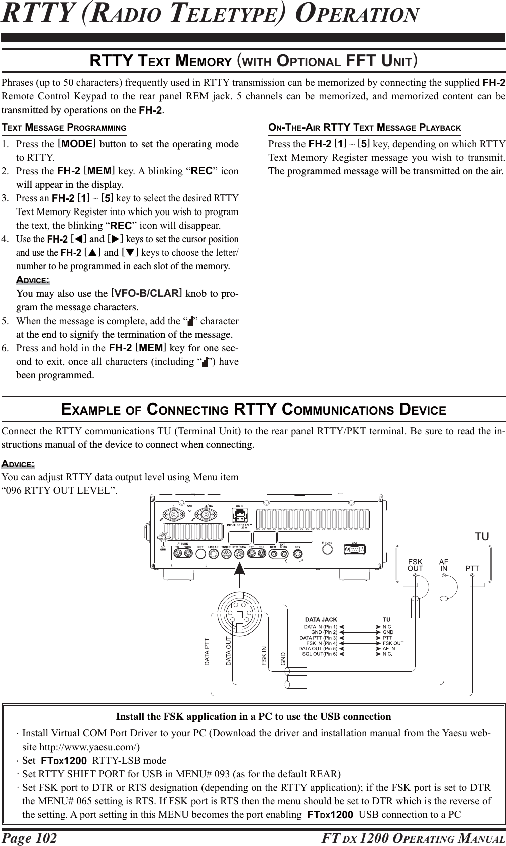 Page 102 FT DX 1200 OPERATING MANUALRTTY TEXT MEMORY (WITH OPTIONAL FFT UNIT)EXAMPLE OF CONNECTING RTTY COMMUNICATIONS DEVICE&amp;RQQHFWWKH577&lt;FRPPXQLFDWLRQV787HUPLQDO8QLWWRWKHUHDUSDQHO577&lt;3.7WHUPLQDO%HVXUHWRUHDGWKHLQ-structions manual of the device to connect when connecting.3KUDVHVXSWRFKDUDFWHUVIUHTXHQWO\XVHGLQ577&lt;WUDQVPLVVLRQFDQEHPHPRUL]HGE\FRQQHFWLQJWKHVXSSOLHGFH-2 5HPRWH &amp;RQWURO .H\SDG WR WKH UHDU SDQHO 5(0 MDFN  FKDQQHOV FDQ EH PHPRUL]HG DQG PHPRUL]HG FRQWHQW FDQ EHtransmitted by operations on the FH-2.TEXT MESSAGE PROGRAMMING 3UHVVWKH[MODE] button to set the operating mode WR577&lt; 3UHVVWKHFH-2 [MEM]NH\$EOLQNLQJ³REC´LFRQwill appear in the display.3. 3UHVVDQ FH-2 [1]a[5] NH\WRVHOHFWWKHGHVLUHG577&lt;7H[W0HPRU\5HJLVWHULQWRZKLFK\RXZLVKWRSURJUDPWKHWH[WWKHEOLQNLQJ³REC´LFRQZLOOGLVDSSHDU4. Use the FH-2 [W] and [X] keys to set the cursor position and use the FH-2 [S] and [T] NH\VWRFKRRVHWKHOHWWHUnumber to be programmed in each slot of the memory.ADVICE:  You may also use the [VFO-B/CLAR] knob to pro-gram the message characters. :KHQWKHPHVVDJHLVFRPSOHWHDGGWKH³ ´FKDUDFWHUat the end to signify the termination of the message. 3UHVVDQGKROGLQWKHFH-2 [MEM] key for one sec-RQGWRH[LWRQFHDOOFKDUDFWHUVLQFOXGLQJ³ ´KDYHbeen programmed.TURTTY (RADIO TELETYPE) OPERATIONON-THE-AIR RTTY TEXT MESSAGE PLAYBACK3UHVVWKHFH-2 [1]a[5]NH\GHSHQGLQJRQZKLFK577&lt;7H[W 0HPRU\ 5HJLVWHUPHVVDJH\RXZLVK WR WUDQVPLWThe programmed message will be transmitted on the air.ADVICE:&lt;RXFDQDGMXVW577&lt;GDWDRXWSXWOHYHOXVLQJ0HQXLWHP³577&lt;287/(9(/´Install the FSK application in a PC to use the USB connection· ,QVWDOO9LUWXDO&amp;203RUW&apos;ULYHUWR\RXU3&amp;&apos;RZQORDGWKHGULYHUDQGLQVWDOODWLRQPDQXDOIURPWKH&lt;DHVXZHE-VLWHKWWSZZZ\DHVXFRP· Set  FTDX1200 577&lt;/6%PRGHā6HW577&lt;6+,)73257IRU86%LQ0(18DVIRUWKHGHIDXOW5($5ā6HW)6.SRUWWR&apos;75RU576GHVLJQDWLRQGHSHQGLQJRQWKH577&lt;DSSOLFDWLRQLIWKH)6.SRUWLVVHWWR&apos;75WKH0(18VHWWLQJLV576,I)6.SRUWLV576WKHQWKHPHQXVKRXOGEHVHWWR&apos;75ZKLFKLVWKHUHYHUVHRIWKHVHWWLQJ$SRUWVHWWLQJLQWKLV0(18EHFRPHVWKHSRUWHQDEOLQJ FTDX1200 86%FRQQHFWLRQWRD3&amp;FCC ID: K6620581X50 / IC: 511B-20581X50YAESU MUSEN CO., LTD.