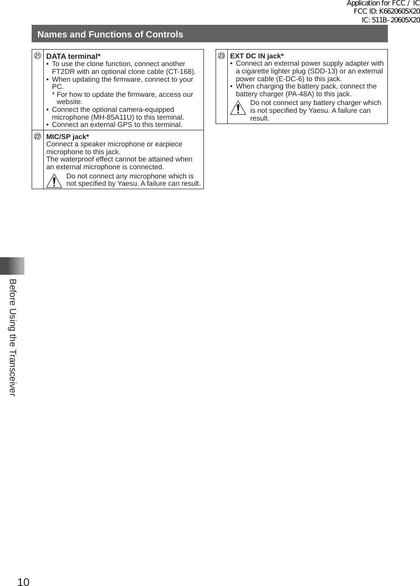 10Before Using the TransceiverNames and Functions of Controls󰚜DATA terminal*•  To use the clone function, connect another FT2DR with an optional clone cable (CT-168)�•  When updating the firmware, connect to your PC�*  For how to update the firmware, access our website�•  Connect the optional camera-equipped microphone (MH-85A11U) to this terminal�•  Connect an external GPS to this terminal�󰚧MIC/SP jack*Connect a speaker microphone or earpiece microphone to this jack�The waterproof effect cannot be attained when an external microphone is connected�Do not connect any microphone which is not specified by Yaesu� A failure can result�󰚨EXT DC IN jack*•  Connect an external power supply adapter with a cigarette lighter plug (SDD-13) or an external power cable (E-DC-6) to this jack�•  When charging the battery pack, connect the battery charger (PA-48A) to this jack�Do not connect any battery charger which is not specified by Yaesu� A failure can result�Application for FCC / IC FCC ID: K6620605X20 IC: 511B-20605X20