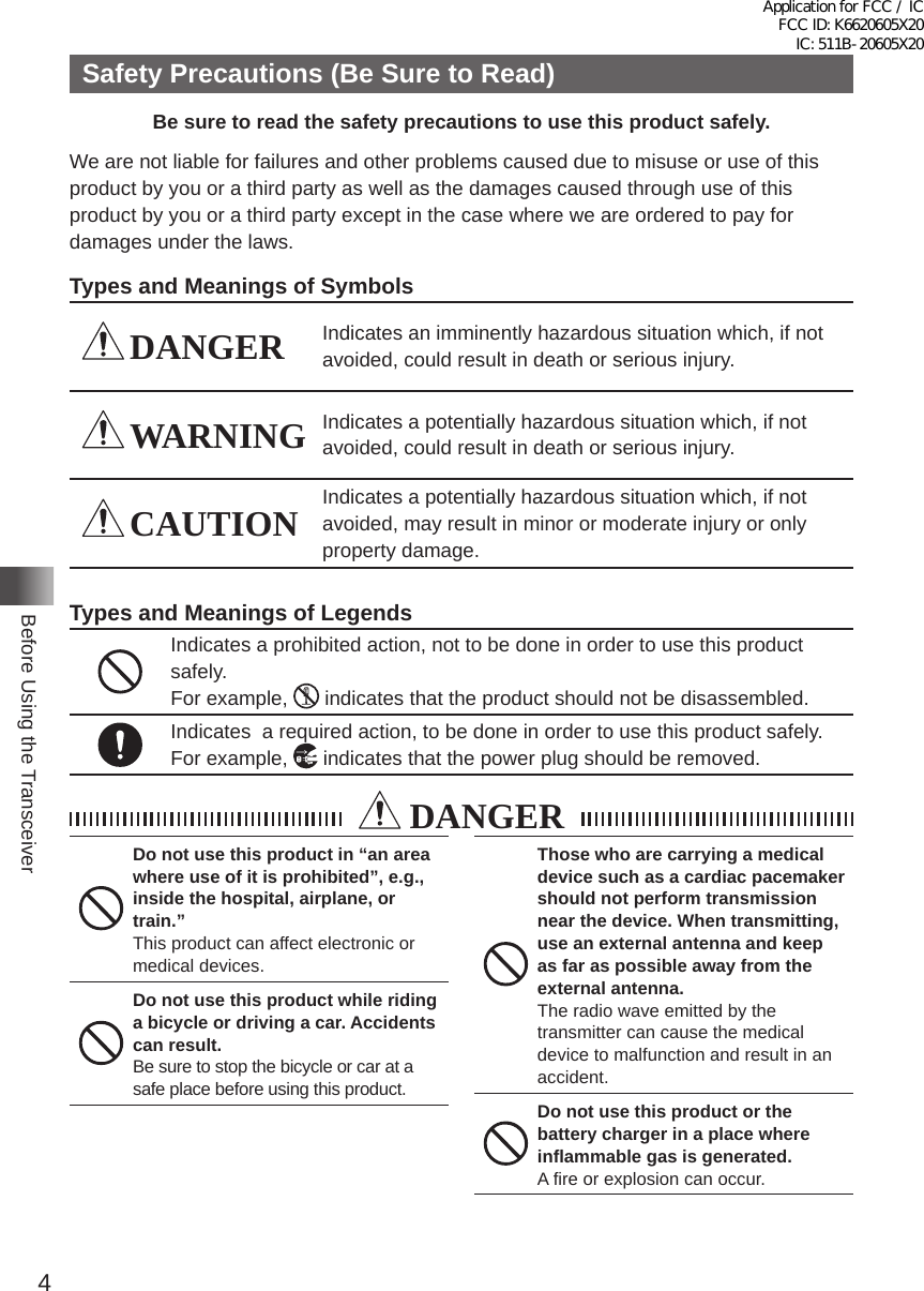 4Before Using the TransceiverSafety Precautions (Be Sure to Read)Be sure to read the safety precautions to use this product safely.We are not liable for failures and other problems caused due to misuse or use of this product by you or a third party as well as the damages caused through use of this product by you or a third party except in the case where we are ordered to pay for damages under the laws�Types and Meanings of Symbols DANGER Indicates an imminently hazardous situation which, if not avoided, could result in death or serious injury� WARNING Indicates a potentially hazardous situation which, if not avoided, could result in death or serious injury� CAUTION Indicates a potentially hazardous situation which, if not avoided, may result in minor or moderate injury or only property damage�Types and Meanings of LegendsIndicates a prohibited action, not to be done in order to use this product safely� For example,   indicates that the product should not be disassembled�Indicates  a required action, to be done in order to use this product safely�For example,   indicates that the power plug should be removed� DANGERDo not use this product in “an area where use of it is prohibited”, e.g., inside the hospital, airplane, or train.”This product can affect electronic or medical devices�Do not use this product while riding a bicycle or driving a car. Accidents can result.Be sure to stop the bicycle or car at a safe place before using this product�Those who are carrying a medical device such as a cardiac pacemaker should not perform transmission near the device. When transmitting, use an external antenna and keep as far as possible away from the  external antenna.The radio wave emitted by the transmitter can cause the medical device to malfunction and result in an accident�Do not use this product or the battery charger in a place where inflammable gas is generated.A fire or explosion can occur�Application for FCC / IC FCC ID: K6620605X20 IC: 511B-20605X20