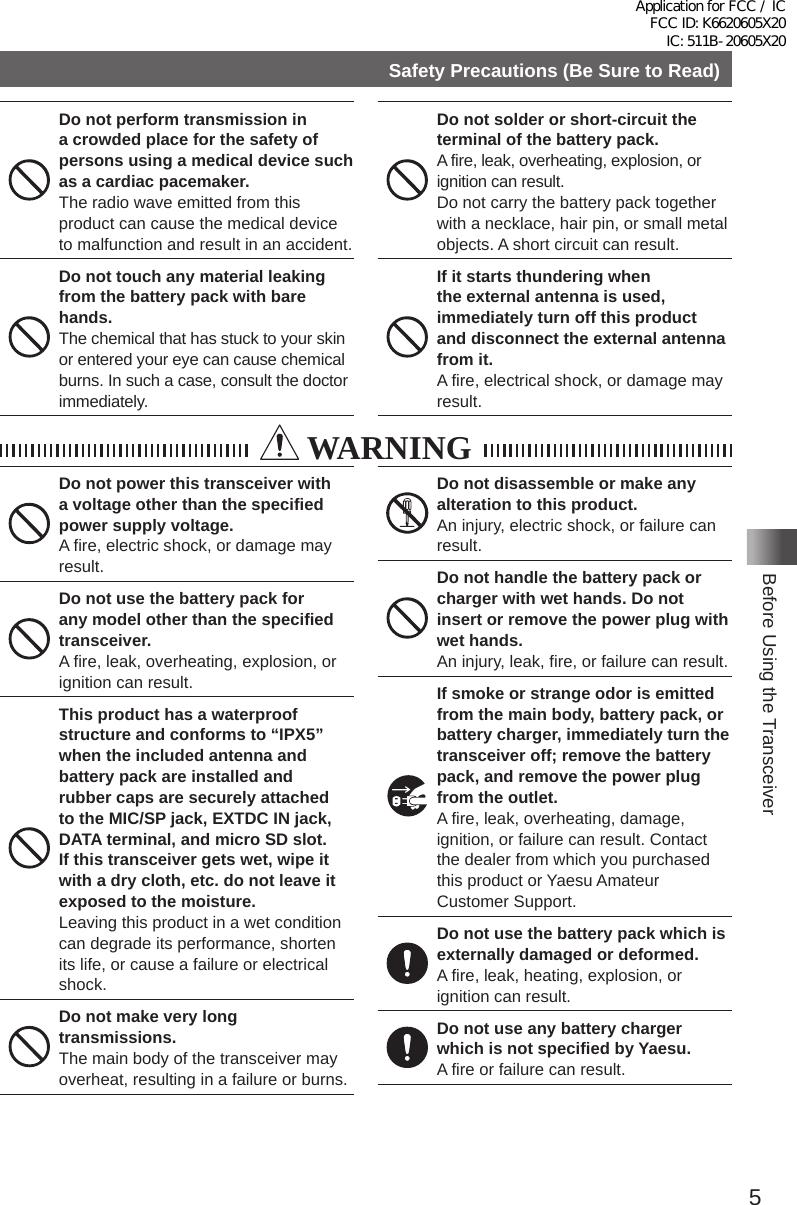 5Before Using the TransceiverSafety Precautions (Be Sure to Read)Do not perform transmission in a crowded place for the safety of persons using a medical device such as a cardiac pacemaker.The radio wave emitted from this product can cause the medical device to malfunction and result in an accident�Do not touch any material leaking from the battery pack with bare hands.The chemical that has stuck to your skin or entered your eye can cause chemical burns� In such a case, consult the doctor immediately�Do not solder or short-circuit the terminal of the battery pack.A fire, leak, overheating, explosion, or ignition can result� Do not carry the battery pack together with a necklace, hair pin, or small metal objects� A short circuit can result�If it starts thundering when the external antenna is used, immediately turn off this product and disconnect the external antenna from it.A fire, electrical shock, or damage may result�  WARNINGDo not power this transceiver with a voltage other than the specified power supply voltage.A fire, electric shock, or damage may result�Do not use the battery pack for any model other than the specified transceiver.A fire, leak, overheating, explosion, or ignition can result�This product has a waterproof structure and conforms to “IPX5” when the included antenna and battery pack are installed and rubber caps are securely attached to the MIC/SP jack, EXTDC IN jack, DATA terminal, and micro SD slot. If this transceiver gets wet, wipe it with a dry cloth, etc. do not leave it exposed to the moisture.Leaving this product in a wet condition can degrade its performance, shorten its life, or cause a failure or electrical shock�Do not make very long transmissions.The main body of the transceiver may overheat, resulting in a failure or burns�Do not disassemble or make any alteration to this product.An injury, electric shock, or failure can result�Do not handle the battery pack or charger with wet hands. Do not insert or remove the power plug with wet hands.An injury, leak, fire, or failure can result�If smoke or strange odor is emitted from the main body, battery pack, or battery charger, immediately turn the transceiver off; remove the battery pack, and remove the power plug from the outlet.A fire, leak, overheating, damage, ignition, or failure can result� Contact the dealer from which you purchased this product or Yaesu Amateur Customer Support�Do not use the battery pack which is externally damaged or deformed.A fire, leak, heating, explosion, or ignition can result�Do not use any battery charger which is not specified by Yaesu.A fire or failure can result�Application for FCC / IC FCC ID: K6620605X20 IC: 511B-20605X20