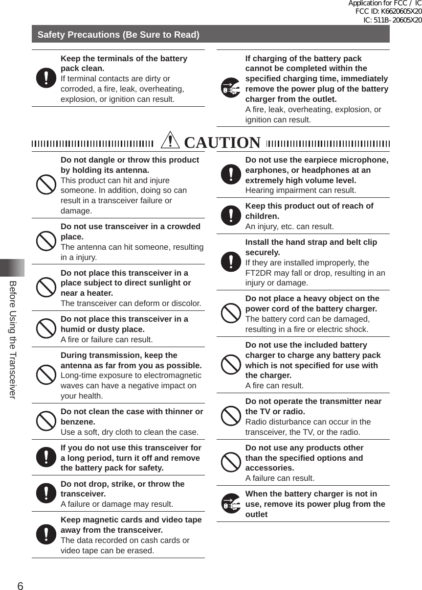 6Before Using the TransceiverSafety Precautions (Be Sure to Read)Keep the terminals of the battery pack clean.If terminal contacts are dirty or corroded, a fire, leak, overheating, explosion, or ignition can result�If charging of the battery pack cannot be completed within the specified charging time, immediately remove the power plug of the battery charger from the outlet.A fire, leak, overheating, explosion, or ignition can result� CAUTIONDo not dangle or throw this product by holding its antenna.This product can hit and injure someone� In addition, doing so can result in a transceiver failure or damage�Do not use transceiver in a crowded place.The antenna can hit someone, resulting in a injury�Do not place this transceiver in a place subject to direct sunlight or near a heater.The transceiver can deform or discolor�Do not place this transceiver in a humid or dusty place.A fire or failure can result�During transmission, keep the antenna as far from you as possible.Long-time exposure to electromagnetic waves can have a negative impact on your health�Do not clean the case with thinner or benzene.Use a soft, dry cloth to clean the case�If you do not use this transceiver for a long period, turn it off and remove the battery pack for safety.Do not drop, strike, or throw the transceiver.A failure or damage may result�Keep magnetic cards and video tape away from the transceiver.The data recorded on cash cards or video tape can be erased�Do not use the earpiece microphone, earphones, or headphones at an extremely high volume level.Hearing impairment can result�Keep this product out of reach of children.An injury, etc� can result�Install the hand strap and belt clip securely.If they are installed improperly, the FT2DR may fall or drop, resulting in an injury or damage�Do not place a heavy object on the power cord of the battery charger.The battery cord can be damaged, resulting in a fire or electric shock�Do not use the included battery charger to charge any battery pack which is not specified for use with the charger.A fire can result�Do not operate the transmitter near the TV or radio.Radio disturbance can occur in the transceiver, the TV, or the radio�Do not use any products other than the specified options and accessories.A failure can result�When the battery charger is not in use, remove its power plug from the outletApplication for FCC / IC FCC ID: K6620605X20 IC: 511B-20605X20