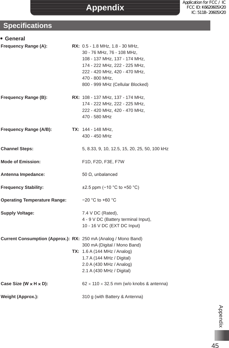 45AppendixAppendixSpecifications yGeneralFrequency Range (A): RX: 0�5 - 1�8 MHz, 1�8 - 30 MHz,30 - 76 MHz, 76 - 108 MHz,108 - 137 MHz, 137 - 174 MHz,174 - 222 MHz, 222 - 225 MHz,222 - 420 MHz, 420 - 470 MHz,470 - 800 MHz,800 - 999 MHz (Cellular Blocked)Frequency Range (B): RX: 108 - 137 MHz, 137 - 174 MHz,174 - 222 MHz, 222 - 225 MHz,222 - 420 MHz, 420 - 470 MHz,470 - 580 MHzFrequency Range (A/B): TX: 144 - 148 MHz,430 - 450 MHzChannel Steps: 5, 8�33, 9, 10, 12�5, 15, 20, 25, 50, 100 kHzMode of Emission: F1D, F2D, F3E, F7WAntenna Impedance: 50 Ω, unbalancedFrequency Stability: ±2.5 ppm (−10 °C to +50 °C)Operating Temperature Range: −20 °C to +60 °CSupply Voltage: 7�4 V DC (Rated),4 - 9 V DC (Battery terminal Input),10 - 16 V DC (EXT DC Input)Current Consumption (Approx.): RX: 250 mA (Analog / Mono Band)300 mA (Digital / Mono Band)TX: 1�6 A (144 MHz / Analog)1�7 A (144 MHz / Digital)2�0 A (430 MHz / Analog)2�1 A (430 MHz / Digital)Case Size (W × H × D): 62 × 110 × 32�5 mm (w/o knobs &amp; antenna)Weight (Approx.): 310 g (with Battery &amp; Antenna)Application for FCC / IC FCC ID: K6620605X20 IC: 511B-20605X20