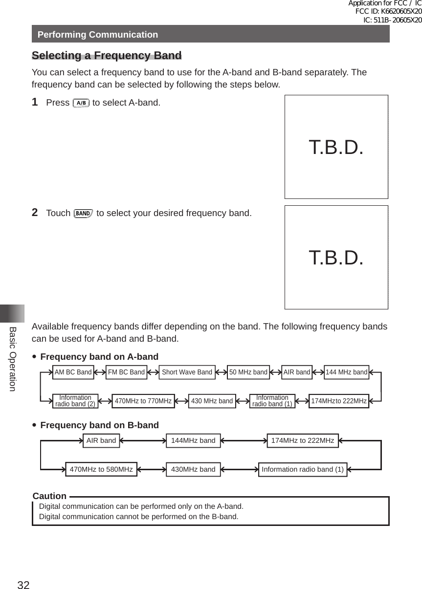 32Basic OperationPerforming CommunicationSelecting a Frequency BandYou can select a frequency band to use for the A-band and B-band separately� The frequency band can be selected by following the steps below�1 Press   to select A-band�メモリー書き込み中!A12 Touch   to select your desired frequency band�MENU DISPLAY 2&apos;!A7723 TOP画面プリセットレシーバー!A1TOP画面AF-DUAL表示&apos;!A1 Band Scope&apos;!A1FUNCTION!A389 APRS Message list1&apos;!A1APRS Station list1&apos;!A1Available frequency bands differ depending on the band� The following frequency bands can be used for A-band and B-band� yFrequency band on A-bandShort Wave Band 50 MHz bandFM BC Band AIR band 144 MHz band174MHz to 222MHzInformationradio band (1)430 MHz band470MHz to 770MHzInformationradio band (2)AM BC Band yFrequency band on B-bandAIR band 144MHz band 174MHz to 222MHzInformation radio band (1)430MHz band470MHz to 580MHzCautionDigital communication can be performed only on the A-band�Digital communication cannot be performed on the B-band�T�B�D�T�B�D�Application for FCC / IC FCC ID: K6620605X20 IC: 511B-20605X20