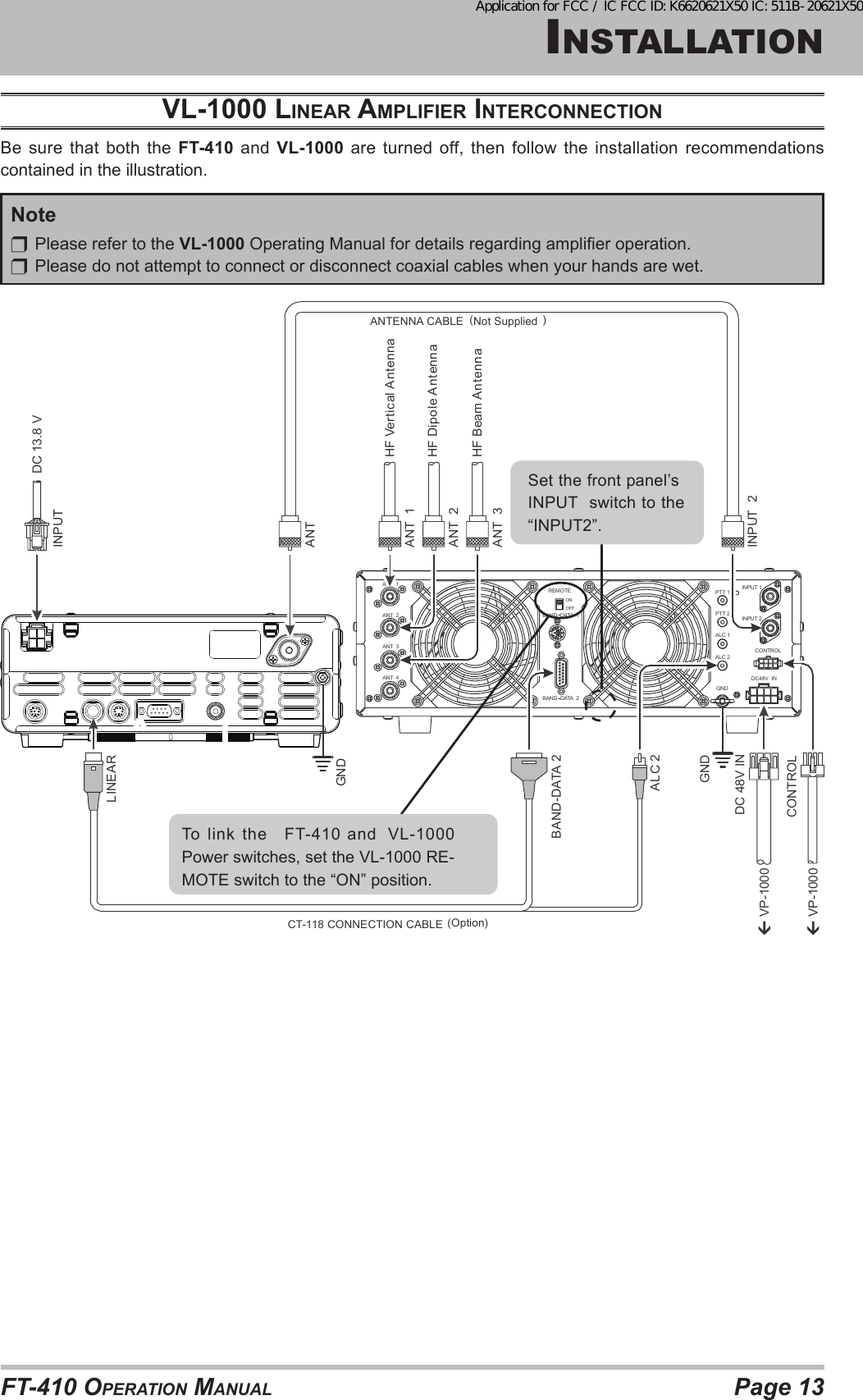 Page 13FT-410 OperaTiOn ManualinsTallaTiOnvl-1000 liNeAr Amplifier iNtercoNNectioNBe sure that both the FT-410 and VL-1000 are turned off, then follow the installation recommendations contained in the illustration.Note  Please refer to the VL-1000 Operating Manual for details regarding amplier operation.  Please do not attempt to connect or disconnect coaxial cables when your hands are wet.ANTANT  1ANT  2ANT  3ANT  4REMOTEONOFFBAND  DATA  1BAND  DATA  2GNDALC 2ALC 1PTT 2PTT 1 INPUT 1INPUT 2CONTROLDC48V  INANTINPUTDC 13.8 VANT  1HF Vertical AntennaHF Dipole AntennaHF Beam AntennaANT  2ANT  3INPUT  2BAND-DATA 2GNDGNDDC 48V INCONTROLALC 2CT-118 CONNECTION CABLE   (Option)ANTENNA CABLE  (Not Supplied ) VP-1000VP-1000LINEARTo  link the  FT-410 and VL-1000Power switches, set the VL-1000 RE-MOTE switch to the “ON” position.Set the front panel’sINPUT  switch to the“INPUT2”.Application for FCC / IC FCC ID: K6620621X50 IC: 511B-20621X50