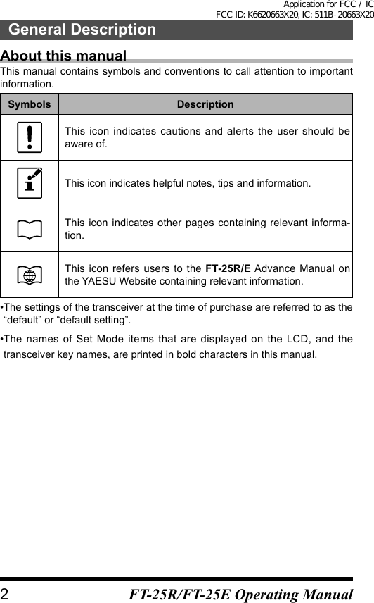 About this manualThis manual contains symbols and conventions to call attention to important information.Symbols DescriptionThis icon indicates cautions and alerts the user should be aware of.This icon indicates helpful notes, tips and information.This icon indicates other pages containing relevant informa-tion.This icon refers users to the FT-25R/E Advance Manual on the YAESU Website containing relevant information.• The settings of the transceiver at the time of purchase are referred to as the “default” or “default setting”.• The names of Set Mode items that are displayed on the LCD, and the transceiver key names, are printed in bold characters in this manual.2General DescriptionFT-25R/FT-25E Operating ManualApplication for FCC / IC FCC ID: K6620663X20, IC: 511B-20663X20