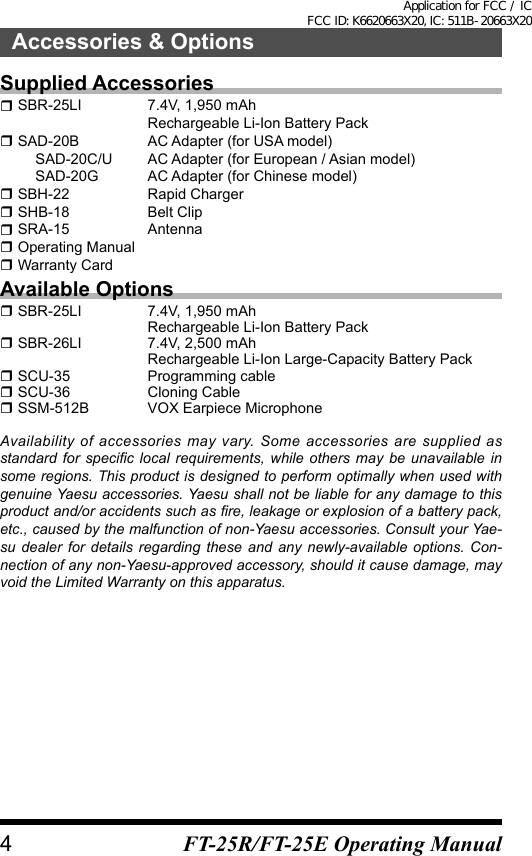 Accessories &amp; OptionsSupplied Accessories SBR-25LI  7.4V, 1,950 mAh     Rechargeable Li-Ion Battery Pack SAD-20B  AC Adapter (for USA model)  SAD-20C/U  AC Adapter (for European / Asian model) SAD-20G  AC Adapter (for Chinese model) SBH-22  Rapid Charger SHB-18  Belt Clip SRA-15  Antenna Operating Manual Warranty CardAvailable Options SBR-25LI  7.4V, 1,950 mAh     Rechargeable Li-Ion Battery Pack SBR-26LI  7.4V, 2,500 mAh     Rechargeable Li-Ion Large-Capacity Battery Pack SCU-35  Programming cable SCU-36  Cloning Cable SSM-512B  VOX Earpiece MicrophoneAvailability of accessories may vary. Some accessories are supplied as standard for  specic  local  requirements,  while  others may be  unavailable  in some regions. This product is designed to perform optimally when used with genuine Yaesu accessories. Yaesu shall not be liable for any damage to this product and/or accidents such as re, leakage or explosion of a battery pack, etc., caused by the malfunction of non-Yaesu accessories. Consult your Yae-su  dealer  for  details  regarding  these  and  any  newly-available options.  Con-nection of any non-Yaesu-approved accessory, should it cause damage, may void the Limited Warranty on this apparatus.4FT-25R/FT-25E Operating ManualApplication for FCC / IC FCC ID: K6620663X20, IC: 511B-20663X20