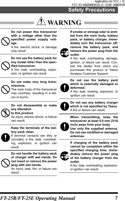  WARNINGDo not power this transceiver with a voltage other than the specified power supply volt-age.A fire, electric shock, or damage may result.Do not use the battery pack for any model other than the spec-ified transceiver.A fire, leak, overheating, explo-sion, or ignition can result.Do not make very long trans-missions.The main body of the transceiver may overheat, resulting in a fail-ure or burns.Do not disassemble or make any alterationto this product.An injury, electric shock, or failure can result.Keep the terminals of the bat-tery pack clean.If terminal contacts are dirty or corroded, a fire, leak, overheat-ing, explosion, or ignition can result.Do not handle the battery pack or charger with wet hands. Do not insert or remove the power plug with wet hands.An injury, leak, fire, or failure can result.If smoke or strange odor is emit-ted from the main body, battery pack, or battery charger, imme-diately turn the transceiver off; remove the battery pack, and remove the power plug from the outlet.A fire, leak, overheating, damage, ignition, or failure can result. Con-tact the dealer from which you purchased this product or Yaesu Amateur Customer Support.Do not use the battery pack which is externally damaged or deformed.A fire, leak, heating, explosion, or ignition can result.Do not use any battery charger which is not specified by Yaesu.A fire or failure can result.When transmitting, keep the transceiver at least 5.0 mm (3/16 inch) away from your body.Use only the supplied antenna. Do not use modified or damaged antennas.If charging of the battery pack cannot be completed within the specified charging time, imme-diately remove the power plug of the battery charger from the outlet.A fire, leak, overheating, explosion, or ignition can result.7Safety PrecautionsFT-25R/FT-25E Operating ManualApplication for FCC / IC FCC ID: K6620663X20, IC: 511B-20663X20