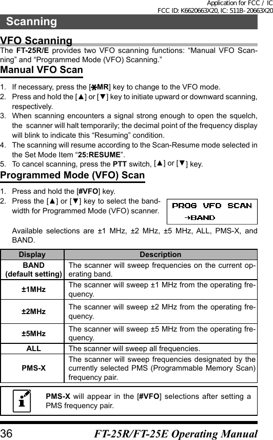 VFO ScanningThe  FT-25R/E provides two VFO scanning functions: “Manual VFO Scan-ning” and “Programmed Mode (VFO) Scanning.”Manual VFO Scan1.  If necessary, press the [ MR] key to change to the VFO mode.2.  Press and hold the [▲] or [▼] key to initiate upward or downward scanning, respectively.3.  When scanning encounters a signal strong enough to open the squelch, the  scanner will halt temporarily; the decimal point of the frequency display will blink to indicate this “Resuming” condition.4.  The scanning will resume according to the Scan-Resume mode selected in the Set Mode Item “25:RESUME”.5.  To cancel scanning, press the PTT switch, [▲] or [▼] key.Programmed Mode (VFO) Scan1.  Press and hold the [#VFO] key.2.  Press the [▲] or [▼] key to select the band-width for Programmed Mode (VFO) scanner.Available selections are ±1 MHz, ±2 MHz, ±5 MHz, ALL, PMS-X, and BAND.Display DescriptionBAND(default setting)The scanner will sweep frequencies on the current op-erating band.±1MHz The scanner will sweep ±1 MHz from the operating fre-quency.±2MHzThe scanner will sweep ±2 MHz from the operating fre-quency.±5MHz The scanner will sweep ±5 MHz from the operating fre-quency.ALL The scanner will sweep all frequencies.PMS-XThe scanner will sweep frequencies designated by the currently selected PMS (Programmable Memory Scan) frequency pair.PMS-X will appear in the [#VFO] selections after setting a PMS frequency pair.36ScanningFT-25R/FT-25E Operating ManualApplication for FCC / IC FCC ID: K6620663X20, IC: 511B-20663X20