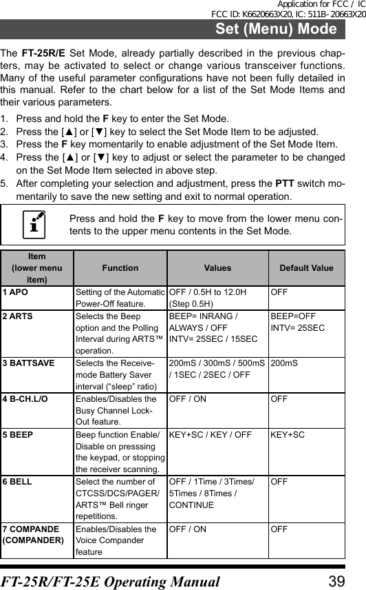 Set (Menu) ModeThe  FT-25R/E Set Mode, already partially described in the previous chap-ters, may be activated to select or change various transceiver functions. Many of the  useful parameter congurations  have not been  fully detailed in this manual. Refer to the chart below for a list of the Set Mode Items and their various parameters.1.  Press and hold the F key to enter the Set Mode.2.  Press the [▲] or [▼] key to select the Set Mode Item to be adjusted.3.  Press the F key momentarily to enable adjustment of the Set Mode Item.4.  Press the [▲] or [▼] key to adjust or select the parameter to be changed on the Set Mode Item selected in above step.5.  After completing your selection and adjustment, press the PTT switch mo-mentarily to save the new setting and exit to normal operation.Press and hold the F key to move from the lower menu con-tents to the upper menu contents in the Set Mode.Item(lower menu item)Function Values Default Value1 APO Setting of the Automatic Power-Off feature.OFF / 0.5H to 12.0H (Step 0.5H)OFF2 ARTS Selects the Beep option and the Polling Interval during ARTS™ operation.BEEP= INRANG / ALWAYS / OFF INTV= 25SEC / 15SECBEEP=OFF INTV= 25SEC3 BATTSAVE Selects the Receive-mode Battery Saver interval (“sleep” ratio)200mS / 300mS / 500mS / 1SEC / 2SEC / OFF200mS4 B-CH.L/O Enables/Disables the Busy Channel Lock-Out feature.OFF / ON OFF5 BEEP Beep function Enable/Disable on presssing the keypad, or stopping the receiver scanning.KEY+SC / KEY / OFF KEY+SC6 BELL Select the number of CTCSS/DCS/PAGER/ARTS™ Bell ringer repetitions.OFF / 1Time / 3Times/ 5Times / 8Times / CONTINUEOFF7 COMPANDE(COMPANDER)Enables/Disables the Voice Compander  featureOFF / ON OFF39FT-25R/FT-25E Operating ManualApplication for FCC / IC FCC ID: K6620663X20, IC: 511B-20663X20