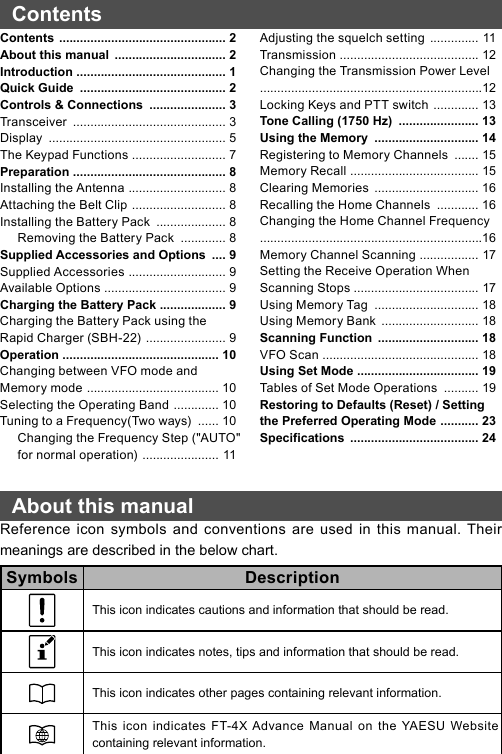 Contents  ................................................ 2About this manual  ................................ 2Introduction  ........................................... 1Quick Guide  .......................................... 2Controls &amp; Connections  ...................... 3Transceiver  ............................................ 3Display  ................................................... 5The Keypad Functions  ........................... 7Preparation ............................................ 8Installing the Antenna  ............................ 8Attaching the Belt Clip  ........................... 8Installing the Battery Pack  .................... 8Removing the Battery Pack  ............. 8Supplied Accessories and Options  .... 9Supplied Accessories  ............................ 9Available Options  ................................... 9Charging the Battery Pack ................... 9Charging the Battery Pack using the Rapid Charger (SBH-22)  ....................... 9Operation  ............................................. 10Changing between VFO mode and Memory mode  ...................................... 10Selecting the Operating Band  ............. 10Tuning to a Frequency(Two ways)  ...... 10Changing the Frequency Step (&quot;AUTO&quot; for normal operation)  ...................... 11Adjusting the squelch setting  .............. 11Transmission  ........................................ 12Changing the Transmission Power Level    ................................................................12Locking Keys and PTT switch  ............. 13Tone Calling (1750 Hz)  ....................... 13Using the Memory  .............................. 14Registering to Memory Channels  ....... 15Memory Recall  ..................................... 15Clearing Memories  .............................. 16Recalling the Home Channels  ............ 16Changing the Home Channel Frequency    ................................................................16Memory Channel Scanning  ................. 17Setting the Receive Operation When Scanning Stops .................................... 17Using Memory Tag  .............................. 18Using Memory Bank  ............................ 18Scanning Function  ............................. 18VFO Scan ............................................. 18Using Set Mode  ................................... 19Tables of Set Mode Operations  .......... 19Restoring to Defaults (Reset) / Setting the Preferred Operating Mode  ........... 23Specifications  ..................................... 24ContentsAbout this manualReference icon symbols and conventions are used in this manual. Their meanings are described in the below chart.Symbols DescriptionThis icon indicates cautions and information that should be read.This icon indicates notes, tips and information that should be read.This icon indicates other pages containing relevant information.This icon indicates FT-4X Advance Manual on the YAESU Website containing relevant information.